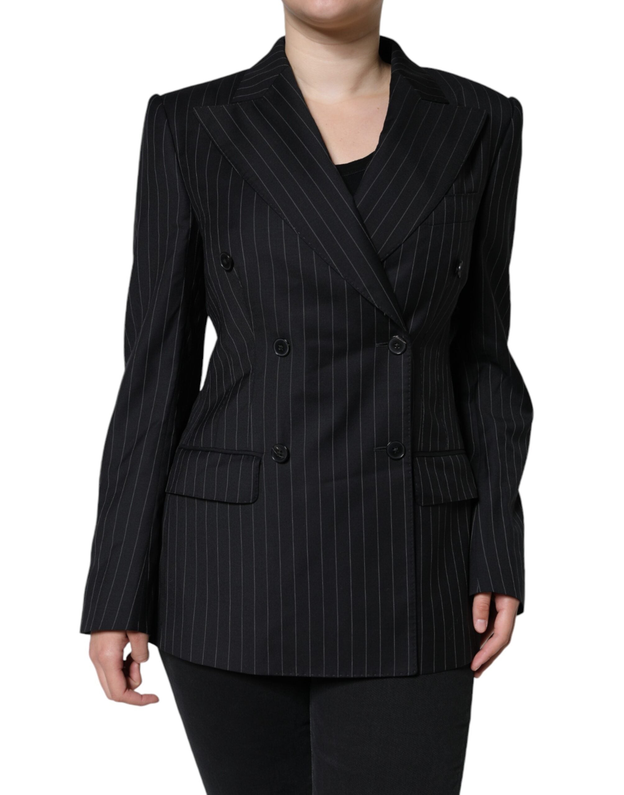 Dolce & Gabbana Dark Gray Striped Double Breasted Coat Jacket