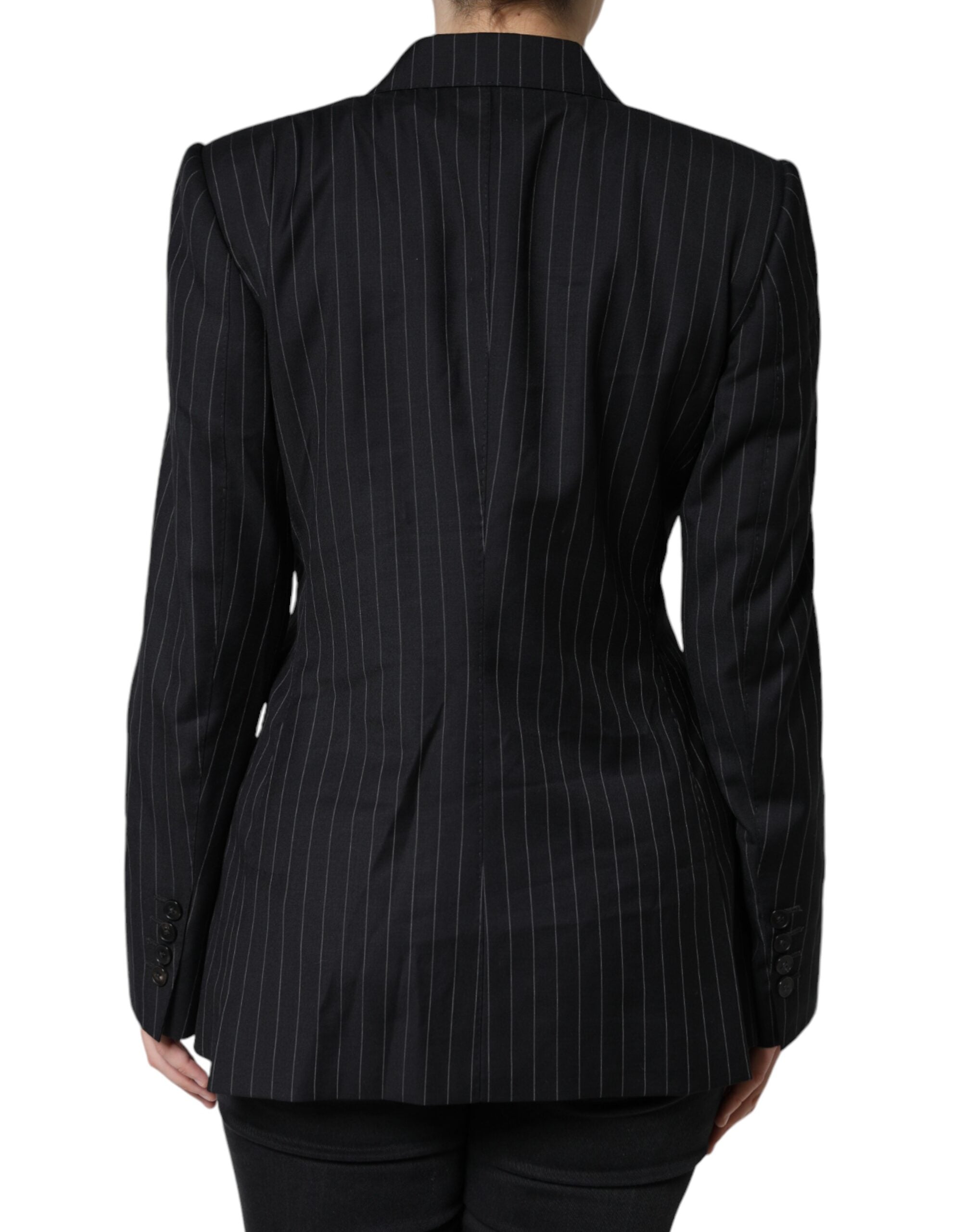 Manteau noir à rayures à double boutonnage de Dolce & Gabbana, veste élégante en tissu léger, vue de face.
