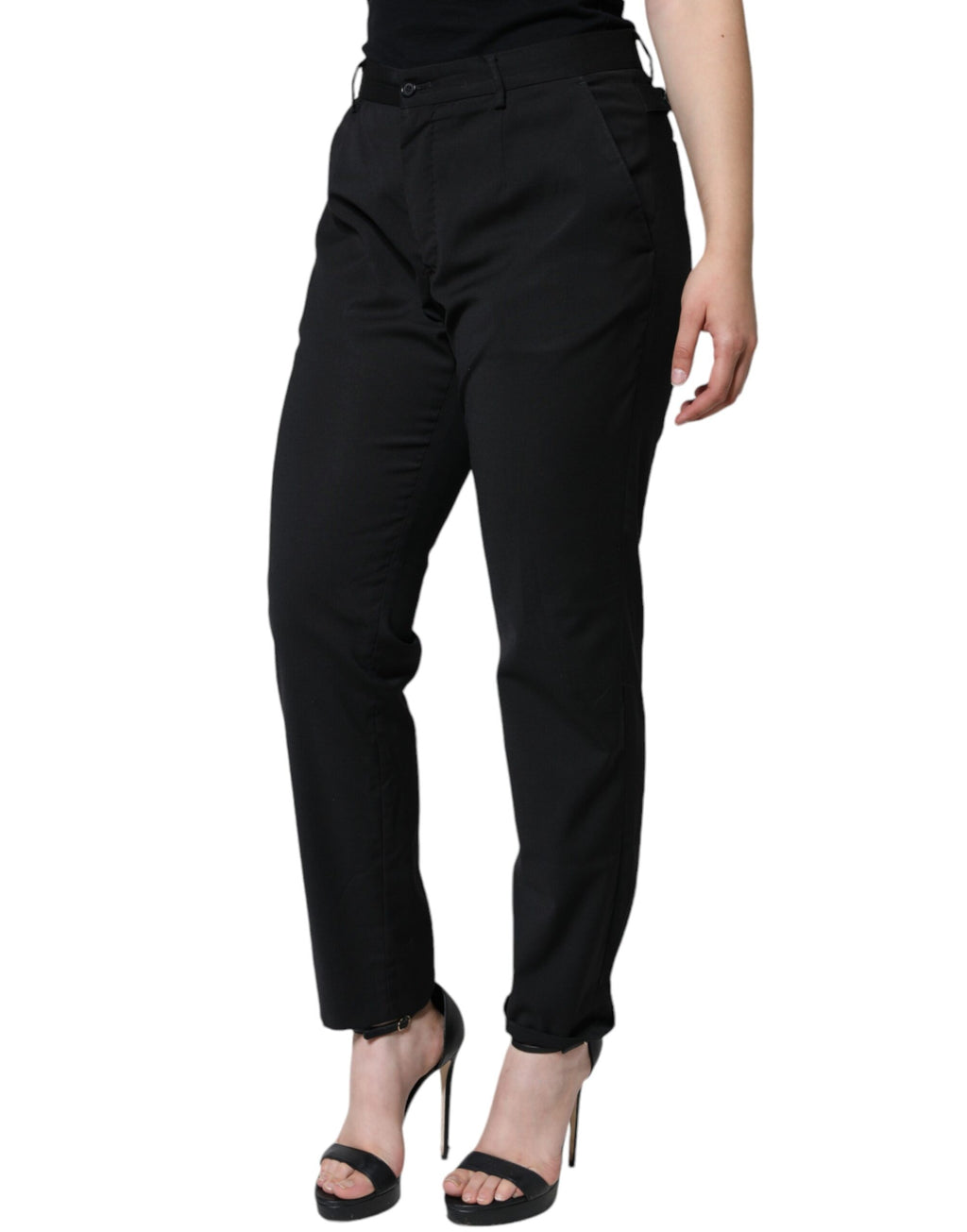 Pantalons pour femme Dolce & Gabbana en polyester noir, à taille haute et coupe tapered, visibles sur l'image.