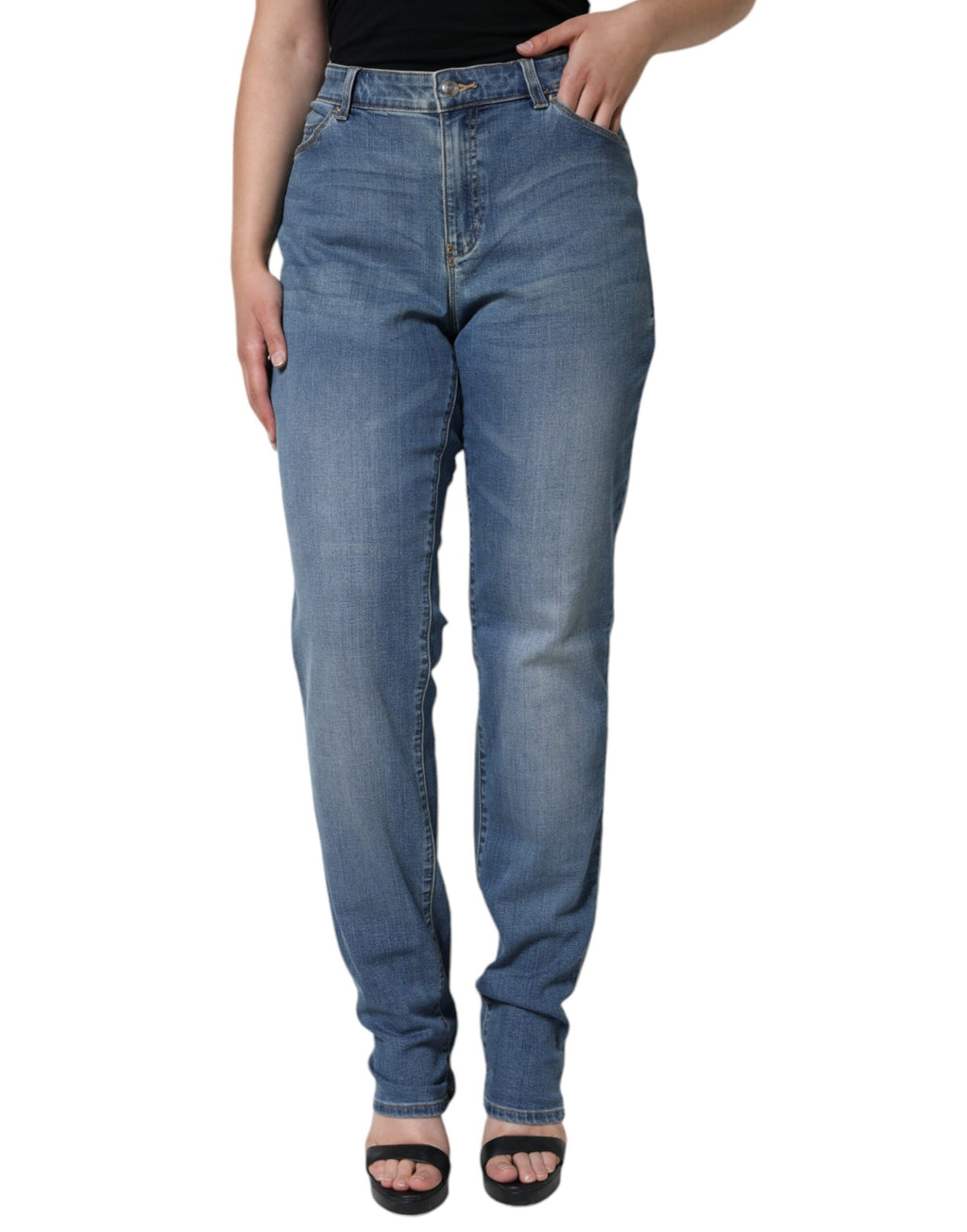 Jeans skinny bleus à taille haute pour femmes de la marque Emporio Armani, denim délavé et ajusté.