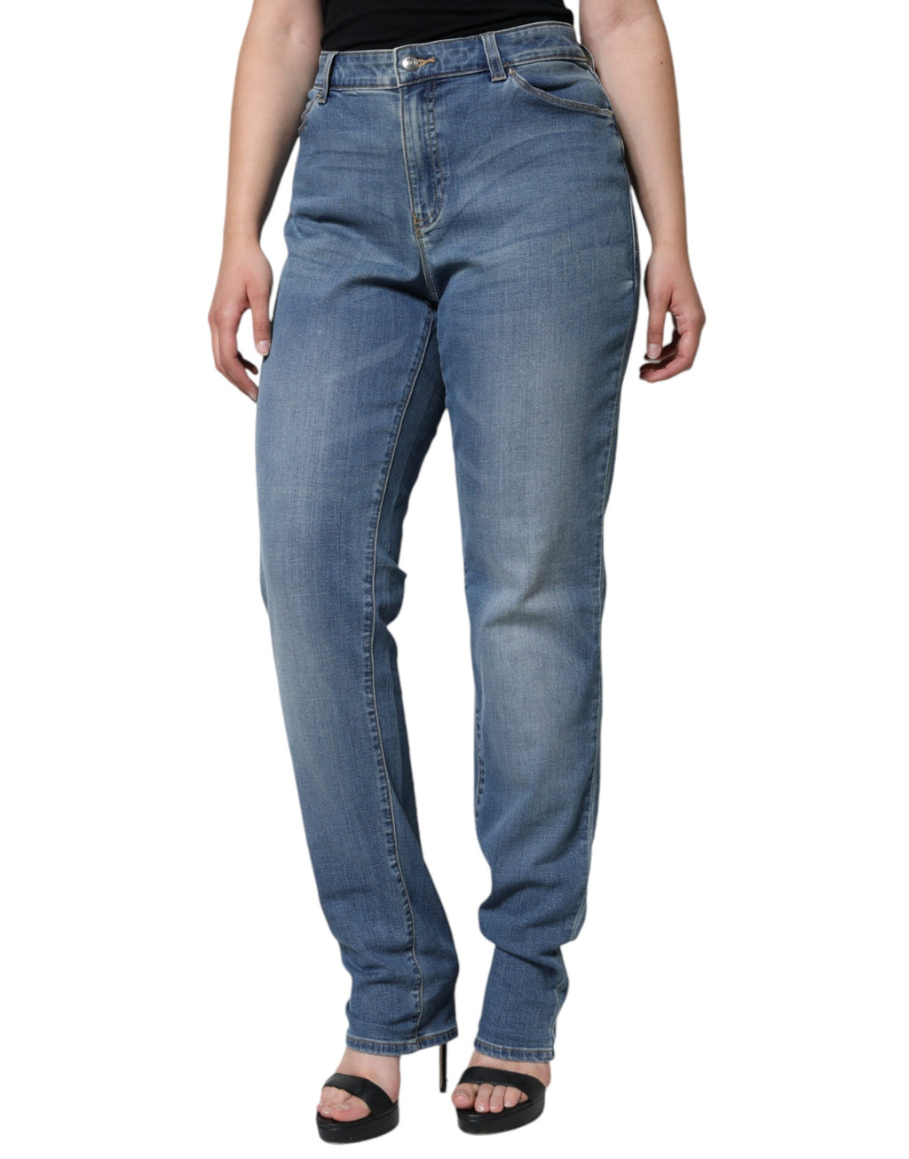 Jeans skinny taille haute délavés bleus pour femmes de la marque Emporio Armani, en denim stretch ajusté.
