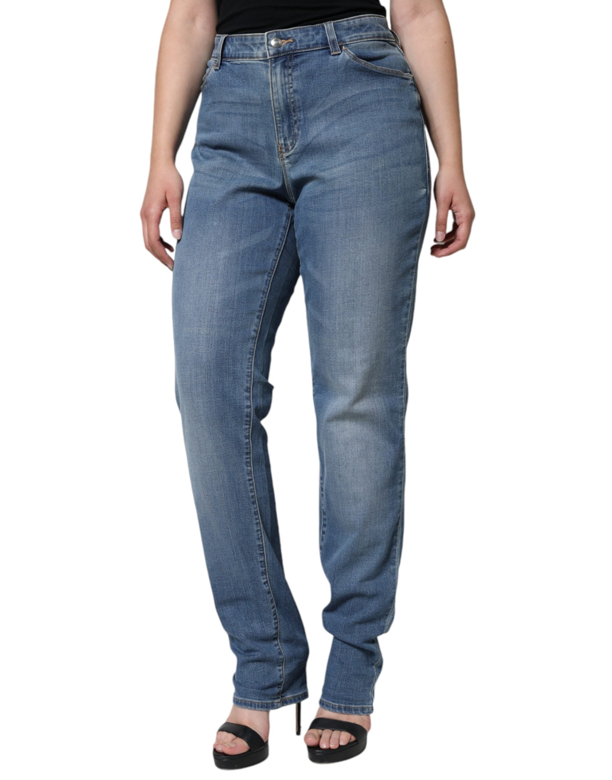 Jeans skinny taille haute délavés bleus pour femmes de la marque Emporio Armani, en denim stretch ajusté.