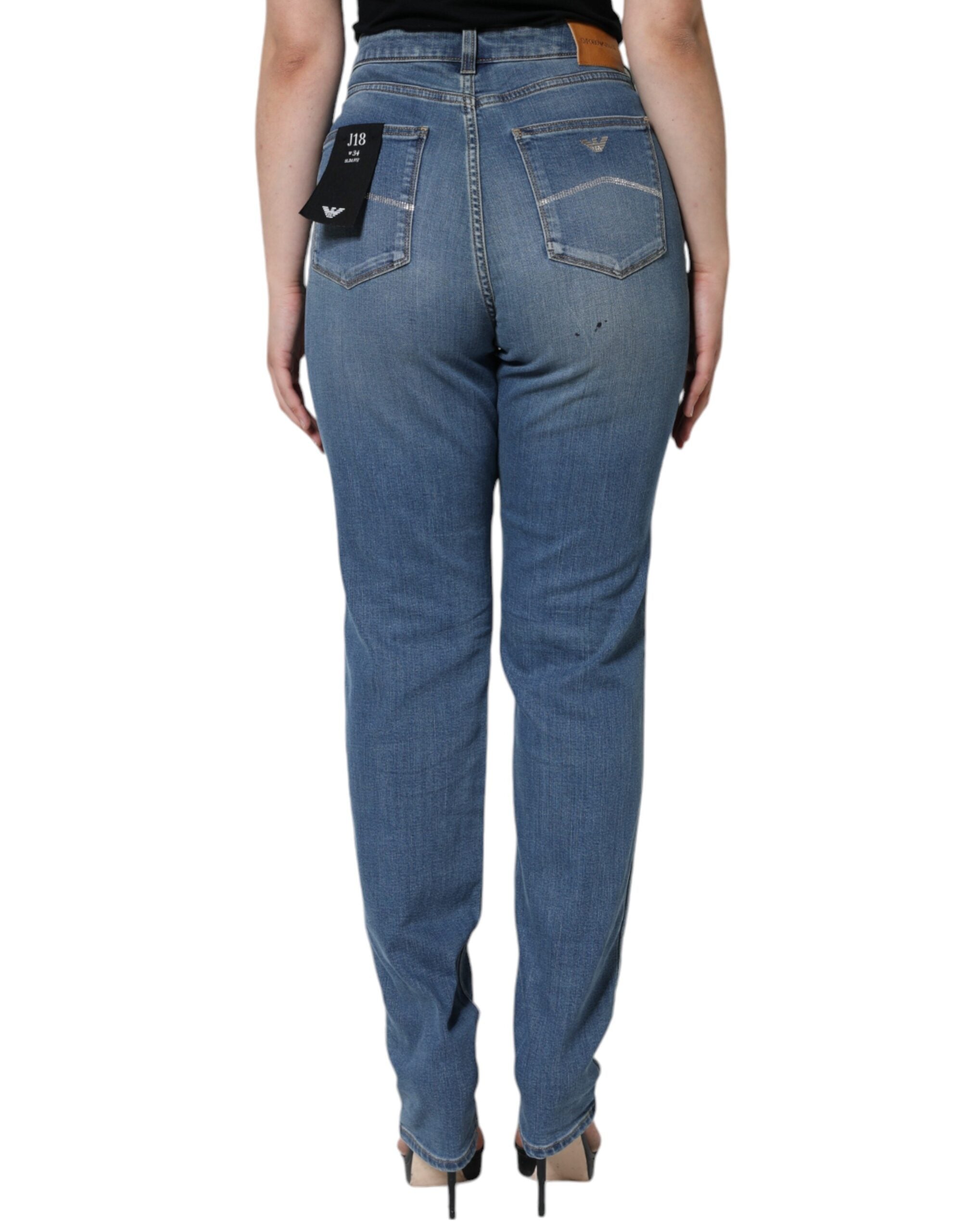 Jean skinny femme à taille haute en denim bleu délavé de la marque Emporio Armani, ajusté et tendance.