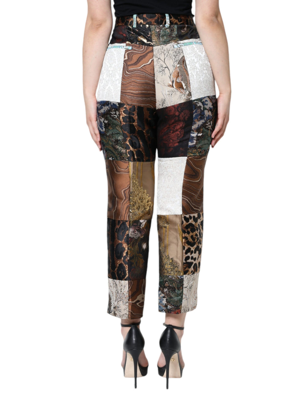 Pantalon Dolce & Gabbana à taille haute en jacquard patchwork multicolore, style élégant et sophistiqué.