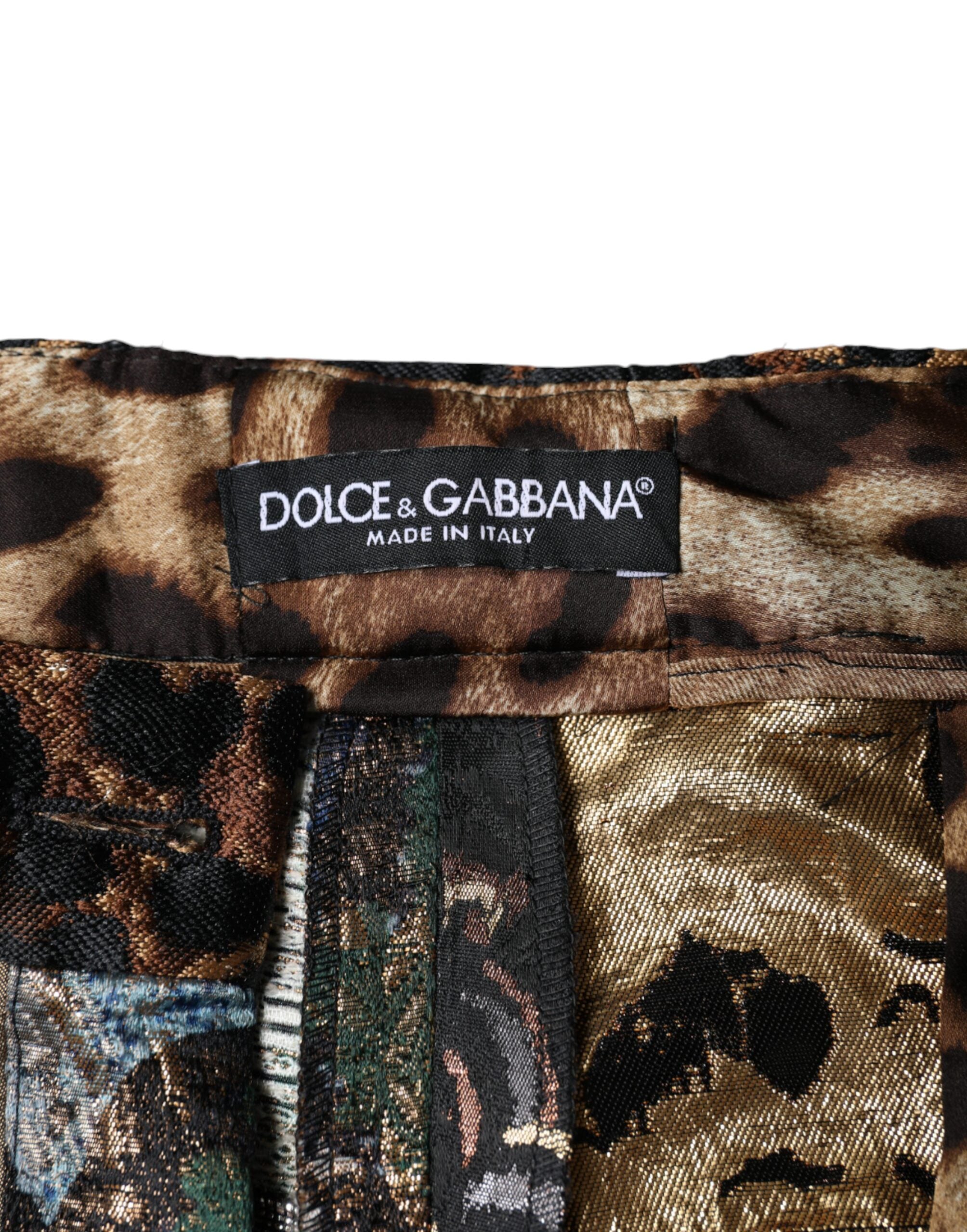 Pantalons Dolce & Gabbana en jacquard multicolore à taille haute avec patchwork, détails élégants et tissu sophistiqué.
