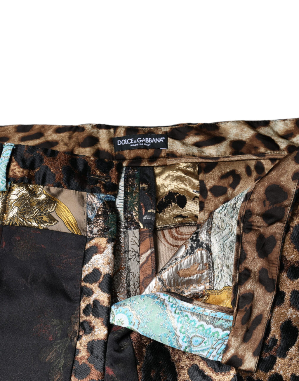 Pantalons à taille haute Dolce & Gabbana en jacquard patchwork multicolore, style élégant et sophistiqué.