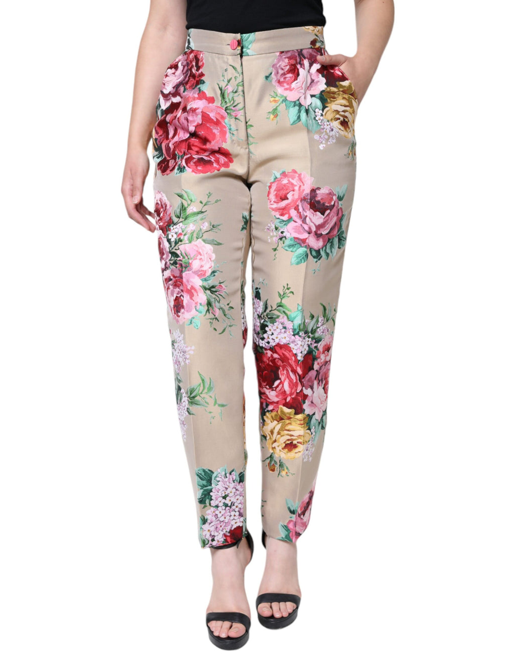 Pantalon beige à fleurs en jacquard Dolce & Gabbana, taille haute et coupe tapered, détails floraux élégants.