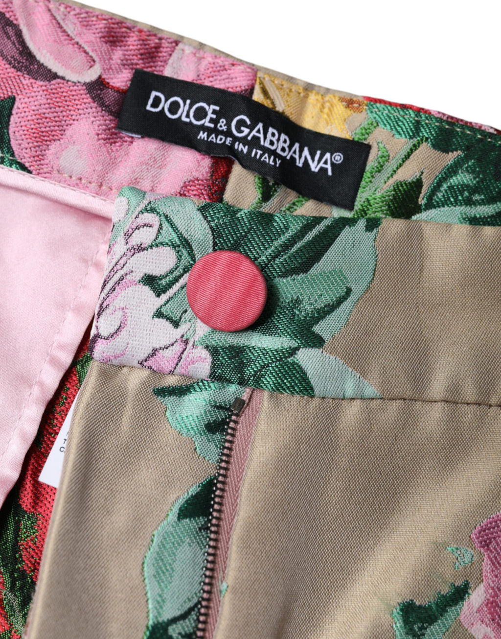 Pantalons beige à taille haute Dolce & Gabbana avec motif floral jacquard et coupe tapered.