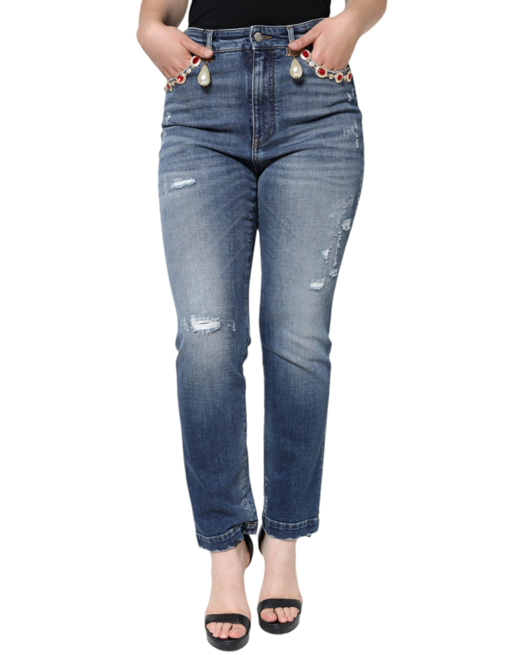 Jeans skinny en denim coton bleu foncé tacheté de Dolce & Gabbana, style déchiré avec détails usés.