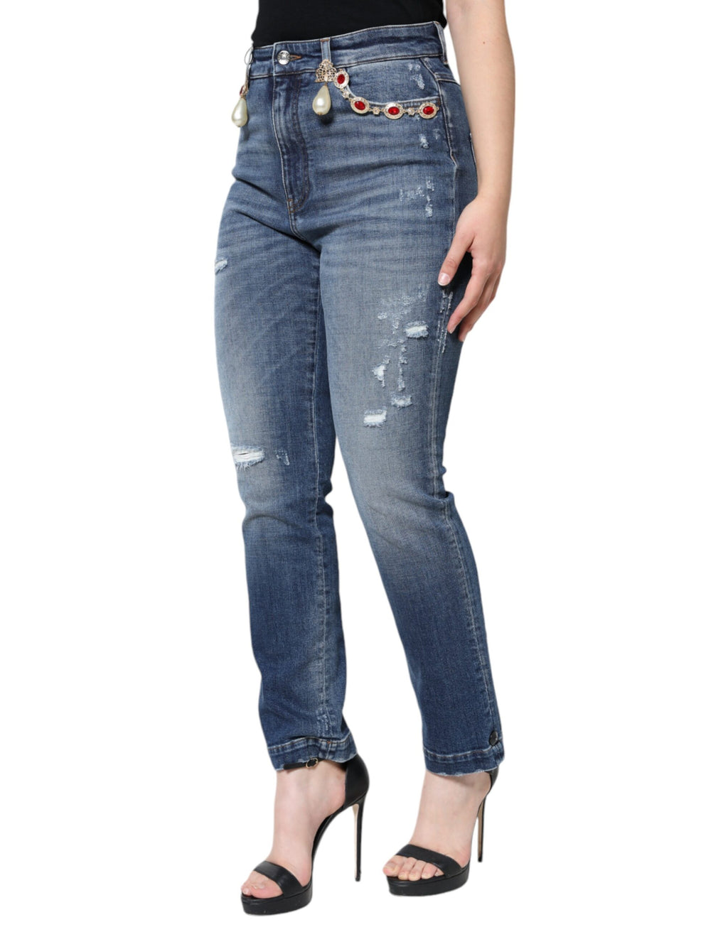 Jeans skinny en denim coton bleu foncé tacheté de Dolce & Gabbana, style déchiqueté et tendance.