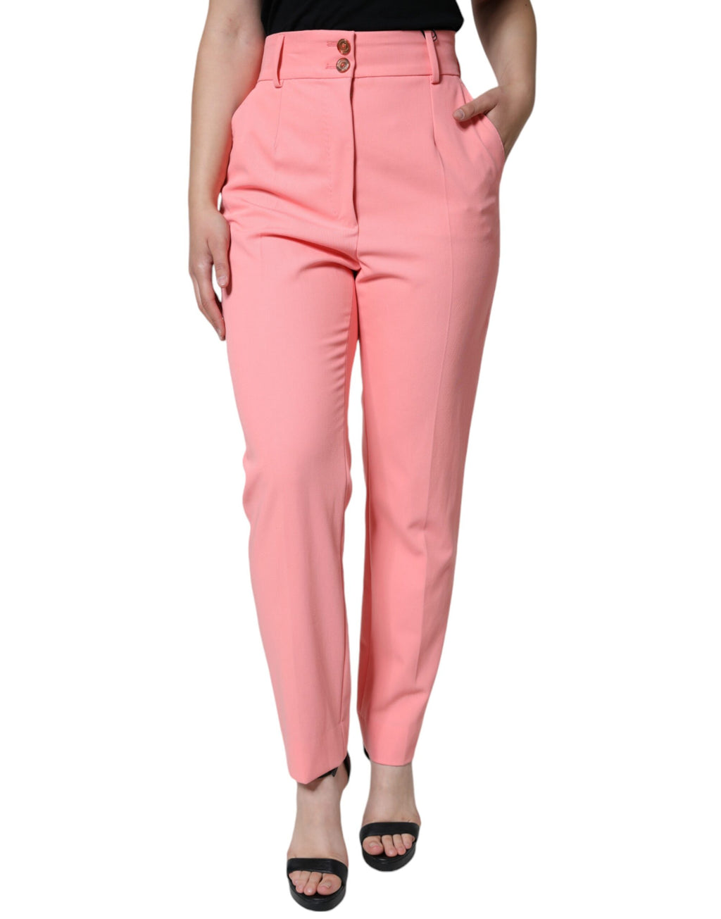 Pantalon taille haute en polyester rose rose Dolce & Gabbana, coupe tapered élégante, vue de face.