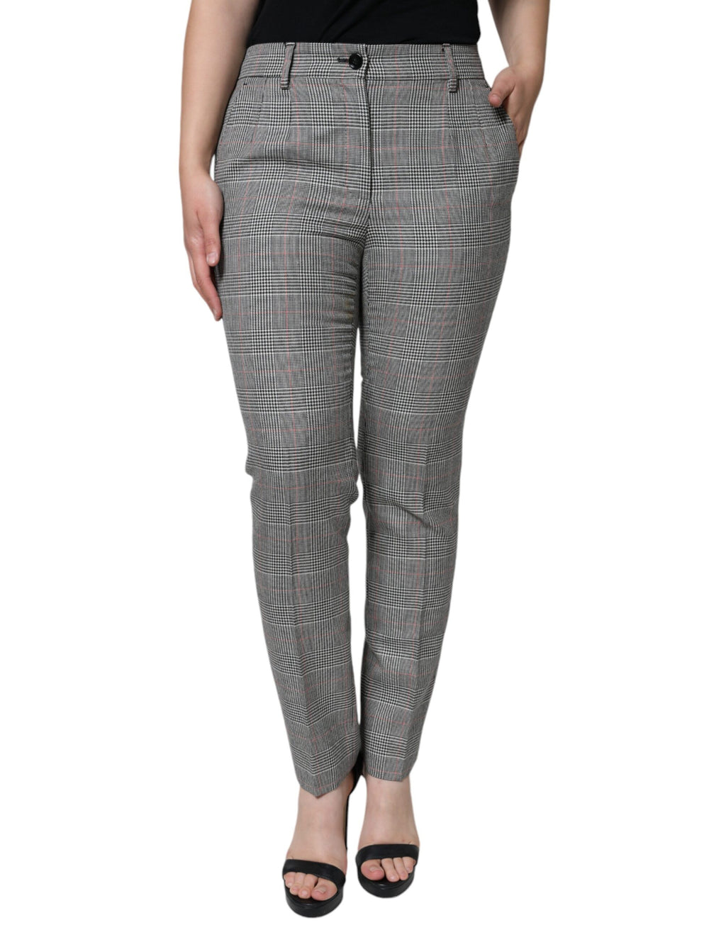 Pantalon femme Dolce & Gabbana en laine gris à carreaux, taille moyenne, coupe tapered, visible sur un fond neutre.