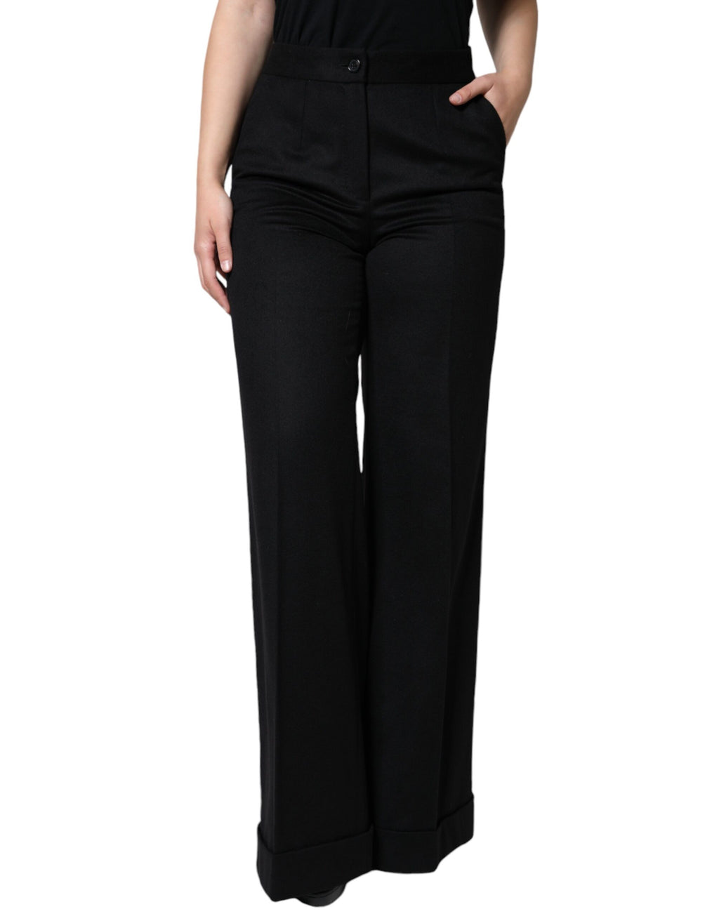 Pantalon femme Dolce & Gabbana en cachemire noir à taille moyenne et coupe boot cut, élégant et confortable.