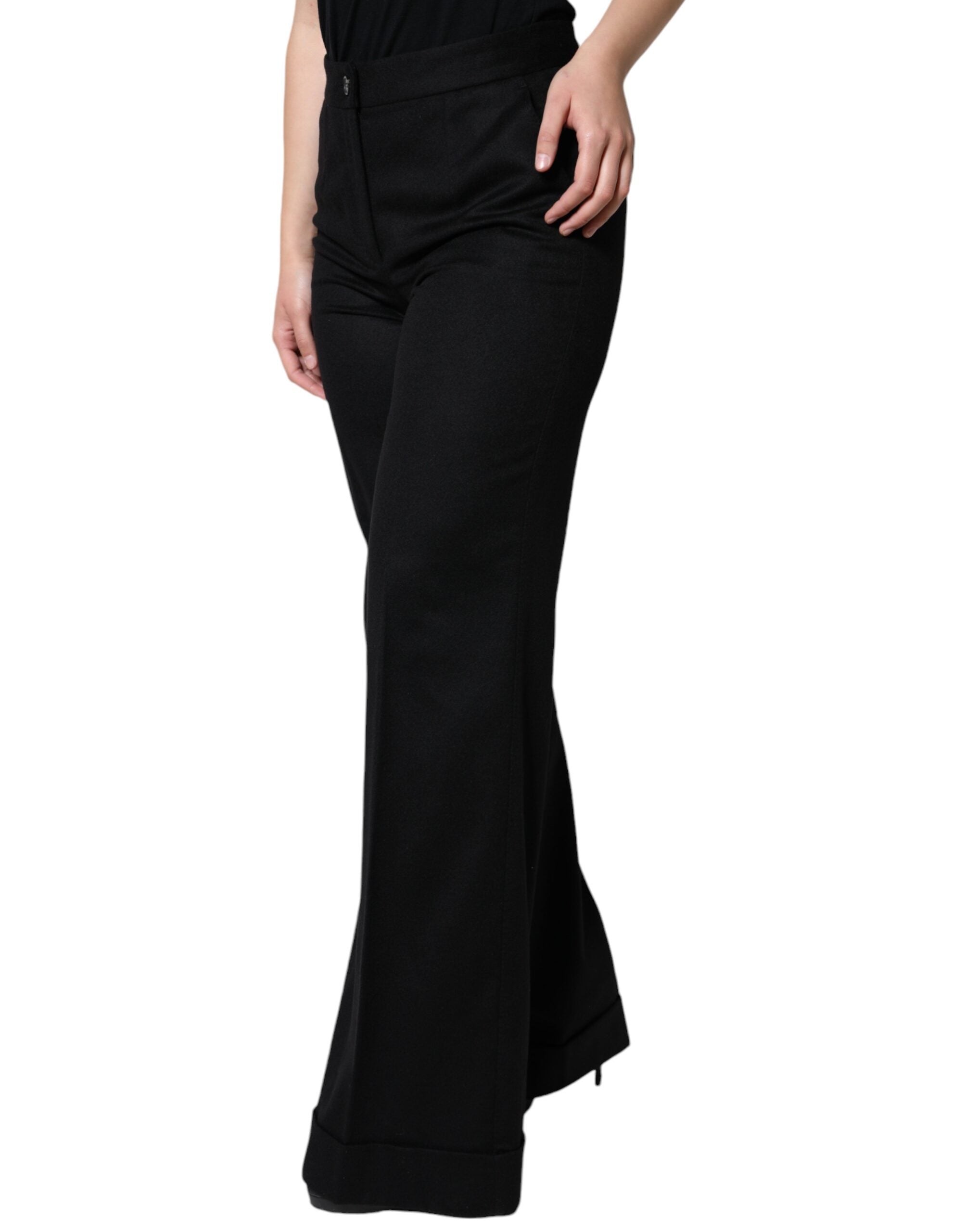Pantalon femme coupe Boot cut en cachemire noir Dolce & Gabbana, taille mi-haute, élégance et confort.