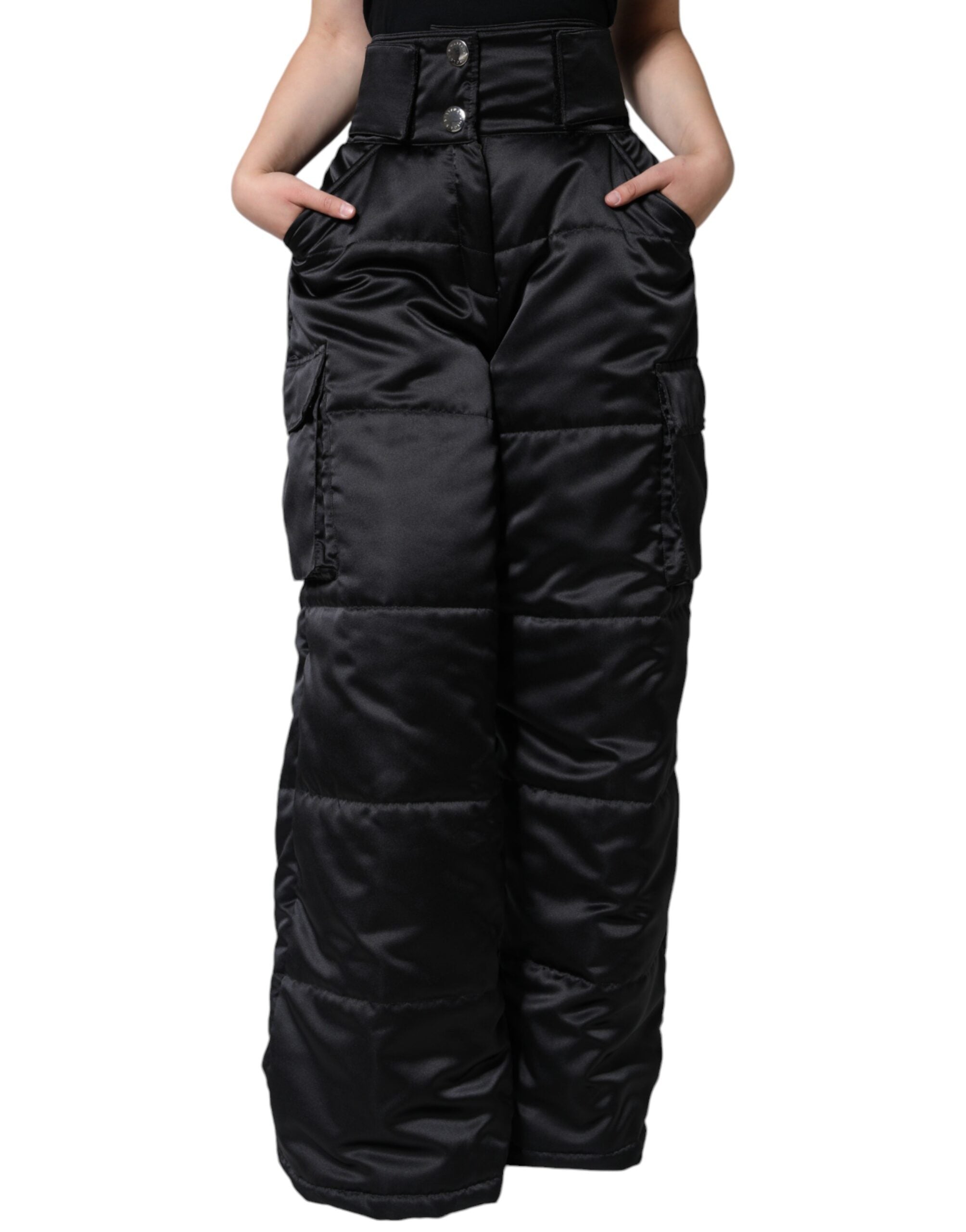 Pantalon femme Dolce & Gabbana noir à quilting, taille haute et coupe évasée, vue de face.