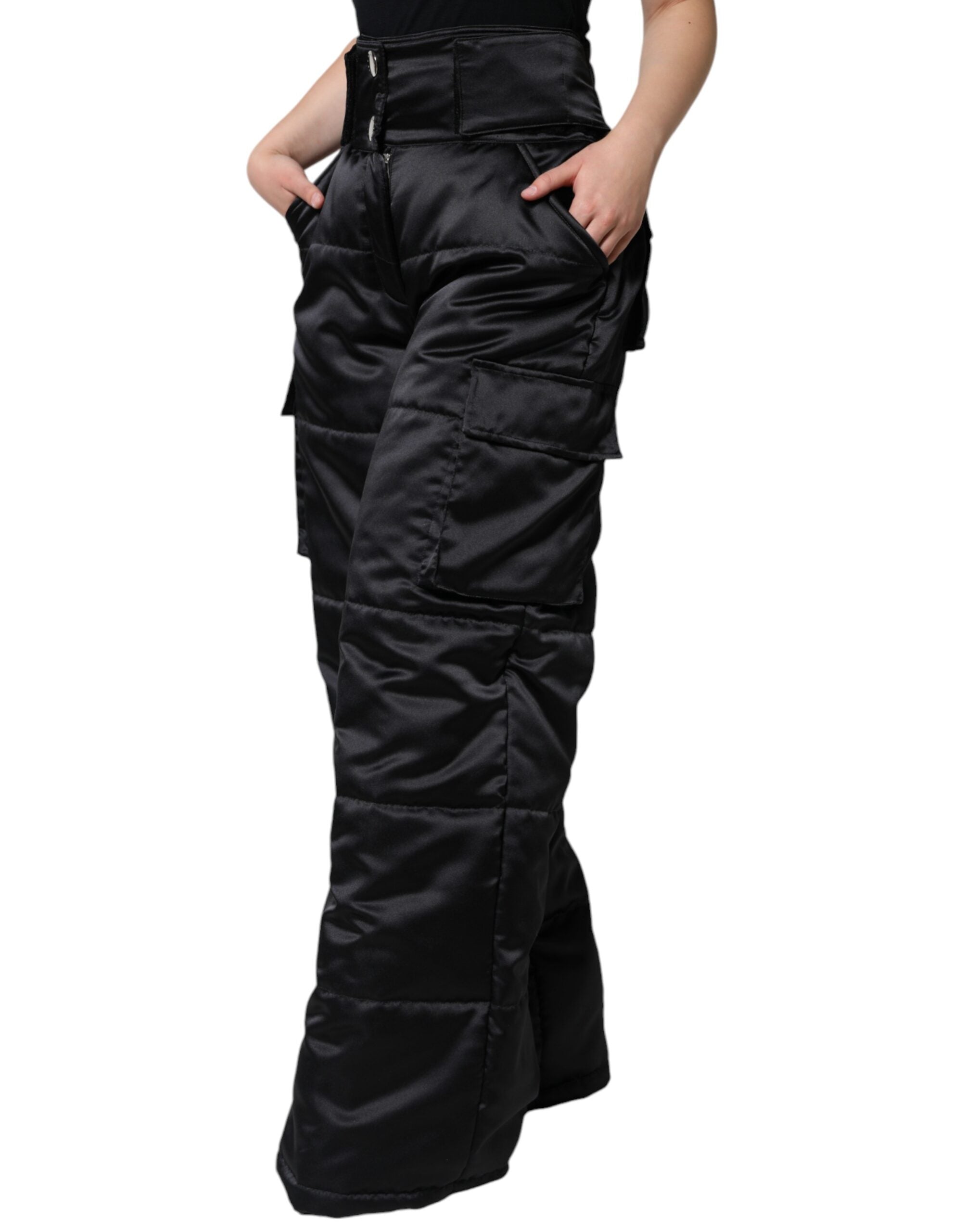 Pantalons pour femmes Dolce & Gabbana noirs à carreaux, taille haute, coupe boot cut, en tissu matelassé.