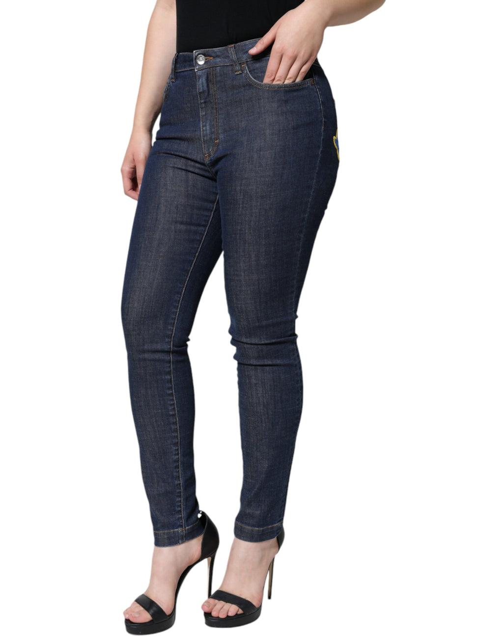 Jeans skinny en denim coton bleu foncé Dolce & Gabbana Queen, coupe ajustée et détails classiques, vue de face.