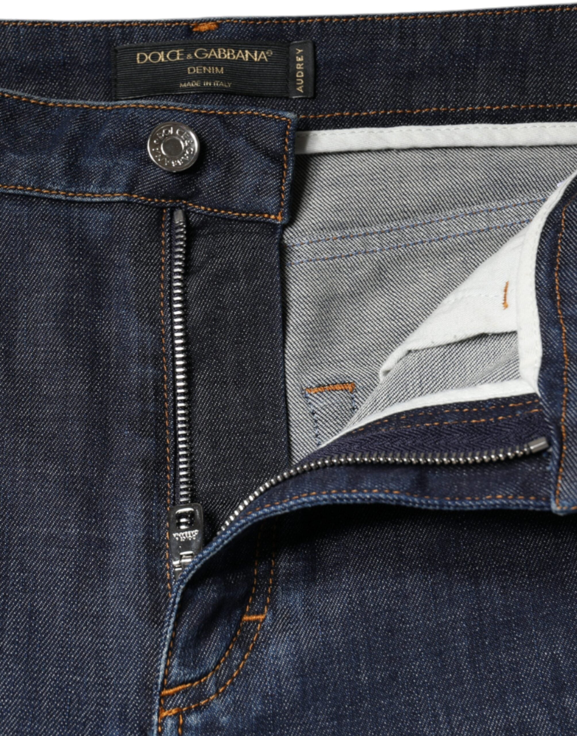 Jeans skinny en denim coton bleu foncé Dolce & Gabbana Queen, coupe ajustée, avec poches et coutures visibles.