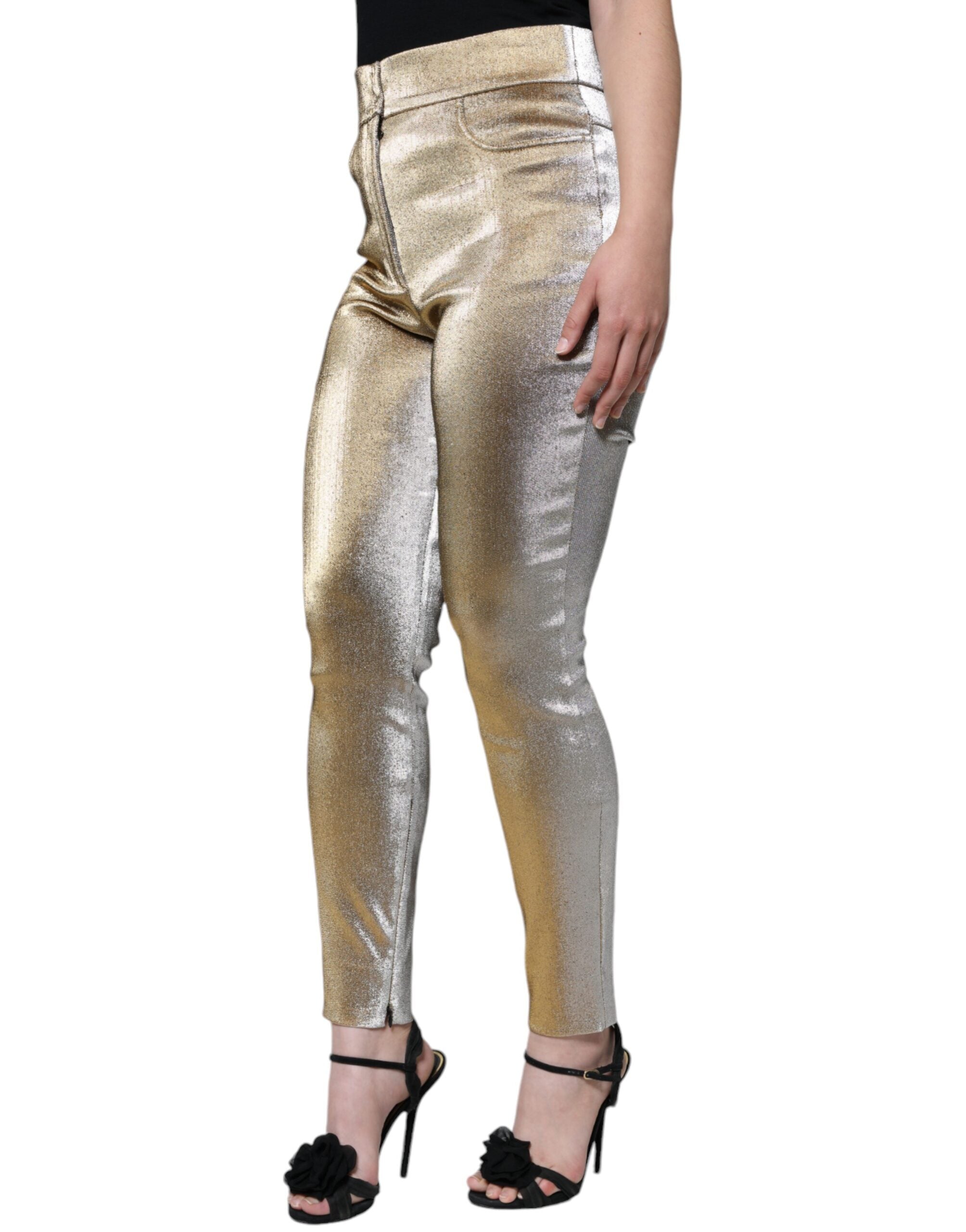Pantalons skinny en or métallisé à taille haute de Dolce & Gabbana, mode élégante et tendance pour femme.