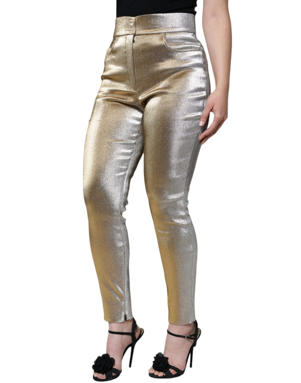 Pantalons skinny taille haute en or métallique Dolce & Gabbana, coupe ajustée et élégante, pour un look sophistiqué.