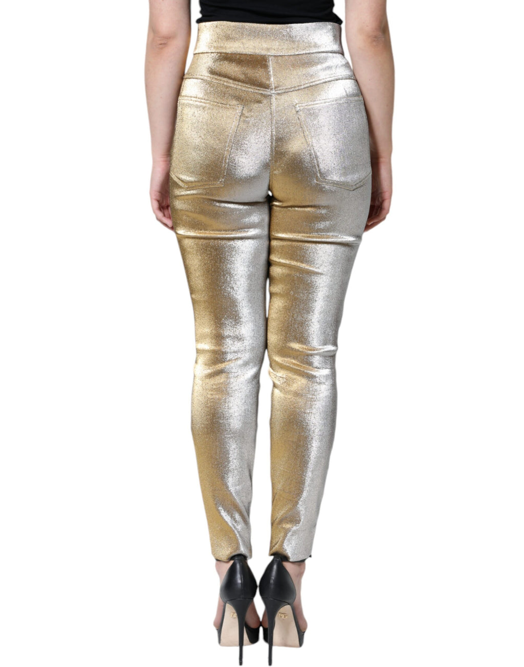 Pantalons skinny dorés métalliques à taille haute de Dolce & Gabbana, style élégant et tendance, vue de face.