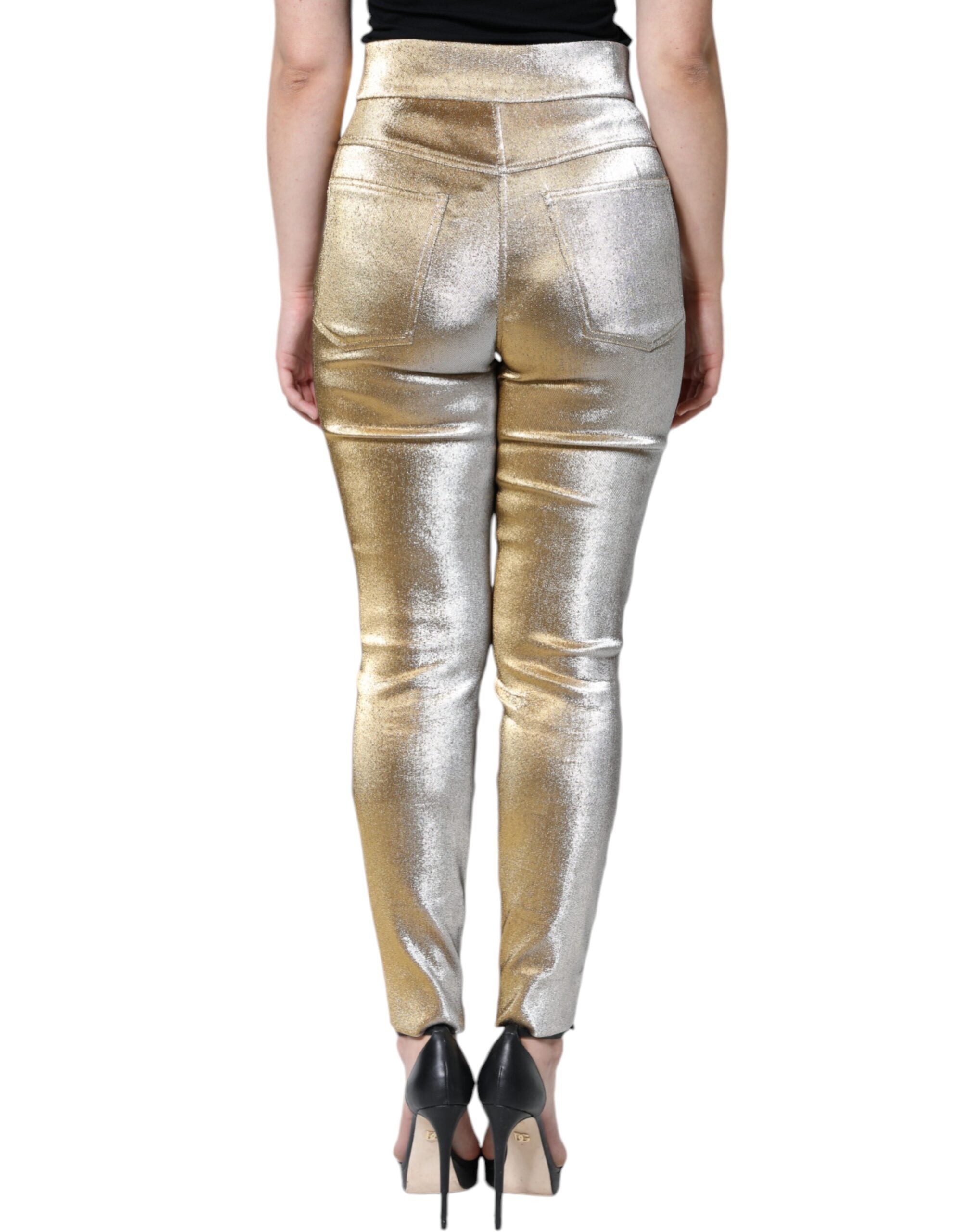 Pantalons skinny dorés métalliques à taille haute de Dolce & Gabbana, style élégant et tendance, vue de face.