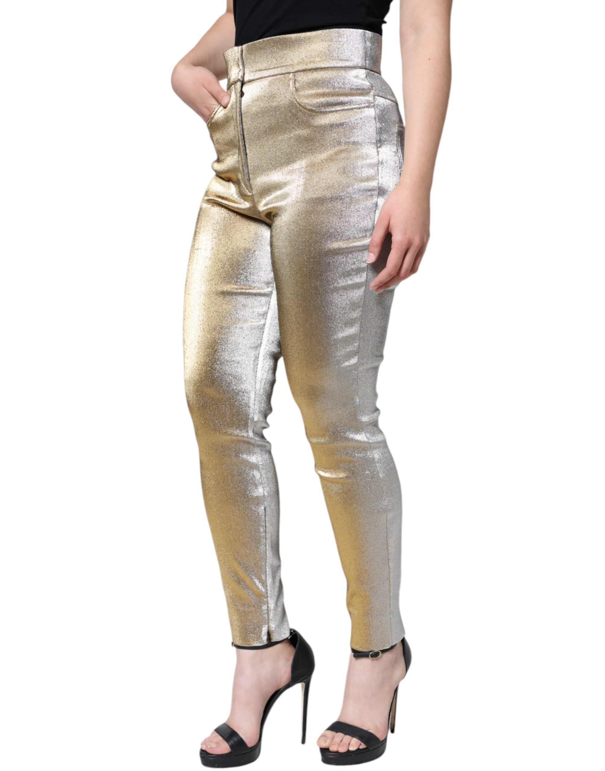 Pantalons skinny dorés métalliques à taille haute de Dolce & Gabbana, mode élégante et tendance.