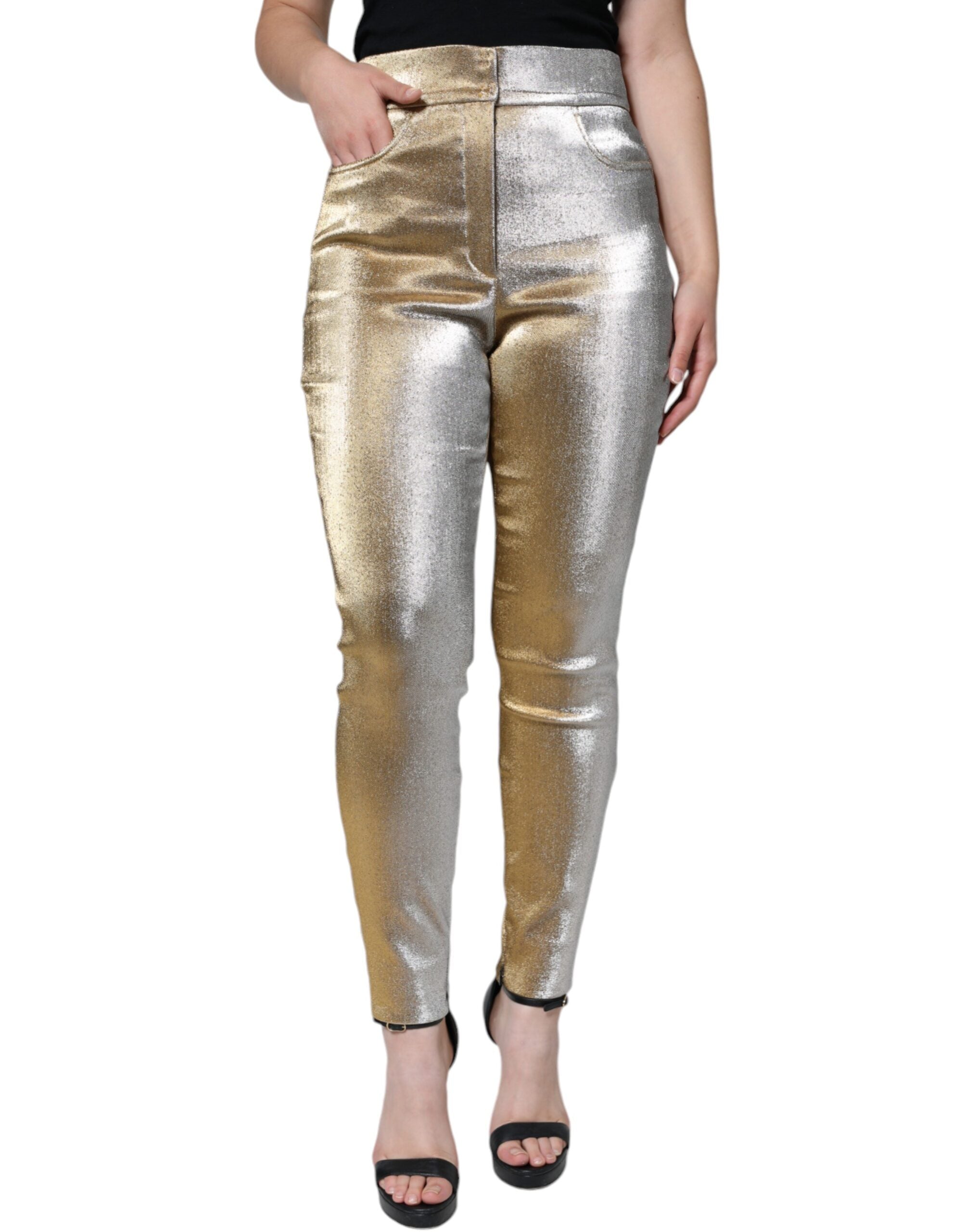 Pantalon skinny doré à taille haute en métal Dolce & Gabbana, coupe élégante et brillante, pour un style sophistiqué.