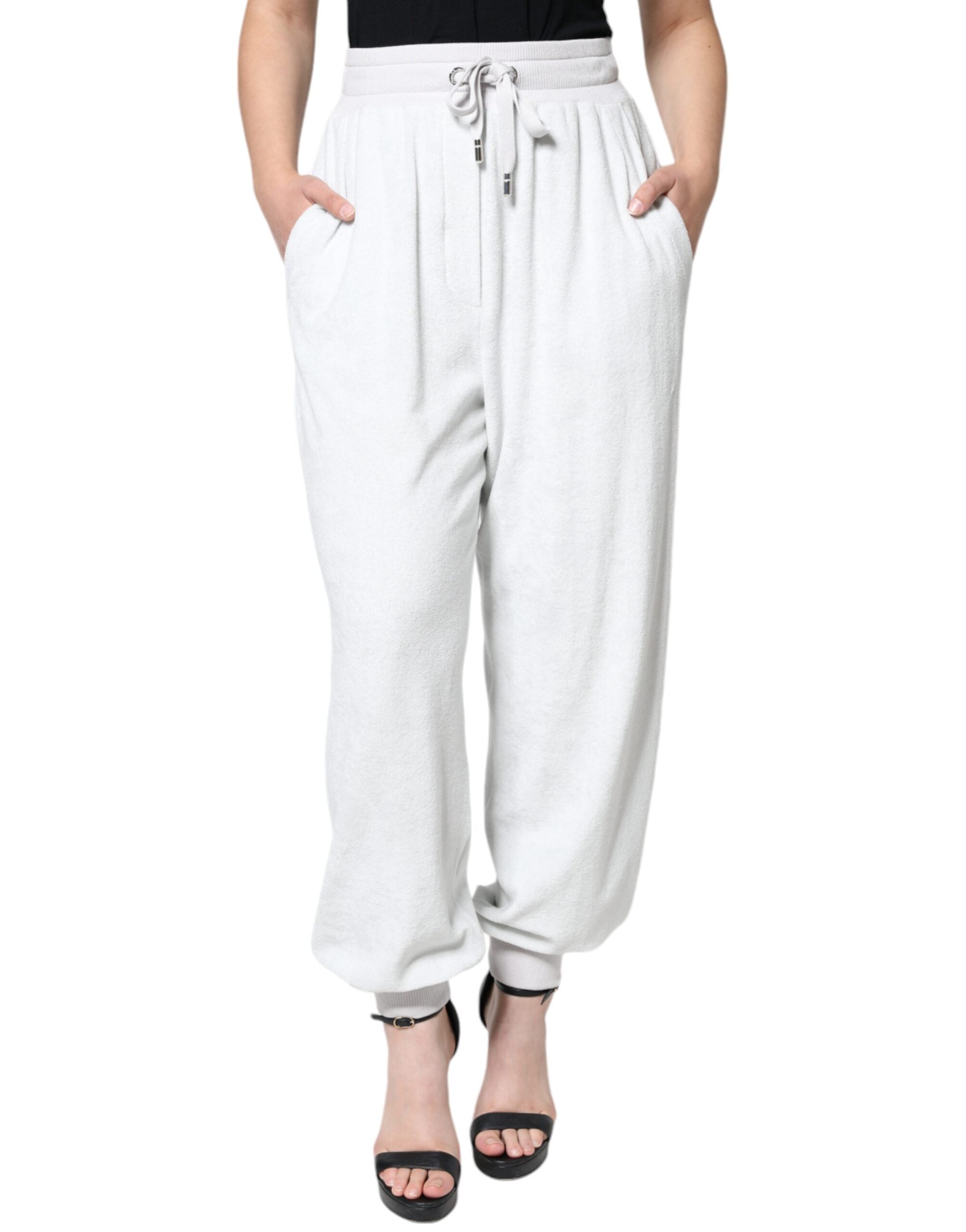 Pantalon de jogging blanc en nylon Dolce & Gabbana, pantalon de sport décontracté avec ceinture élastique et poches latérales.