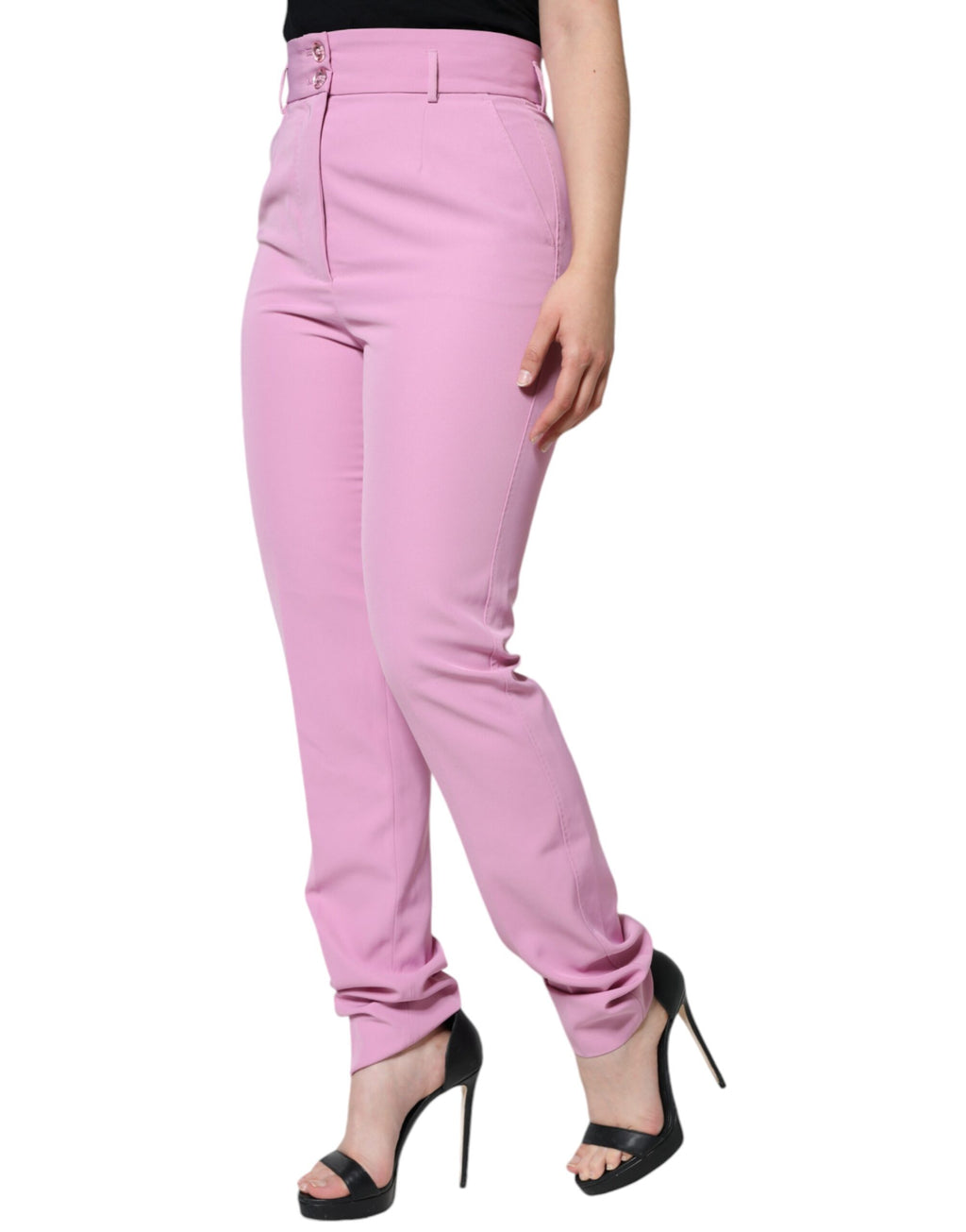 Pantalon femme Dolce & Gabbana en polyester rose à taille haute et coupe tapered, vue de face.