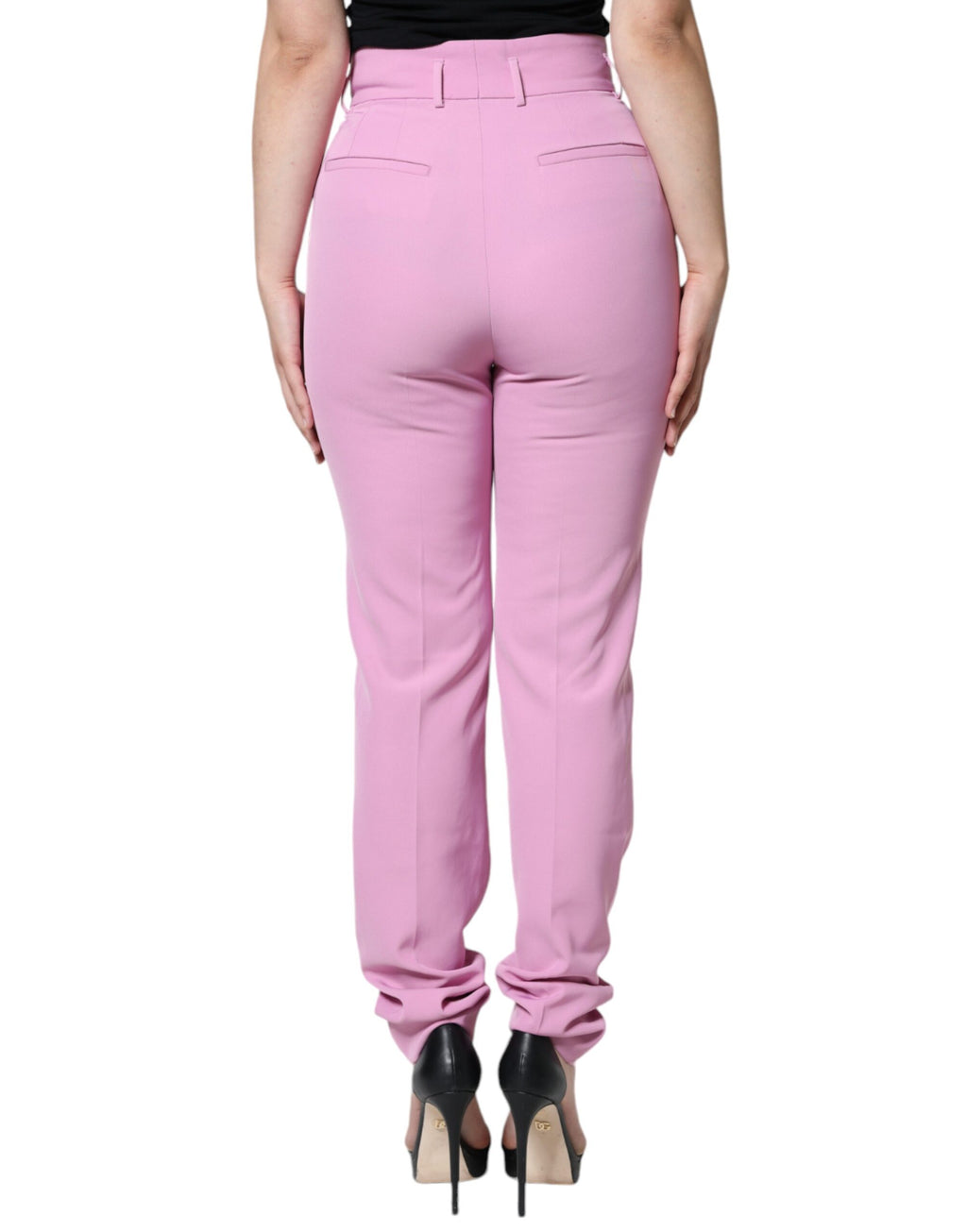 Pantalon femme Dolce & Gabbana en polyester rose à taille haute et coupe tapered, vue de face.