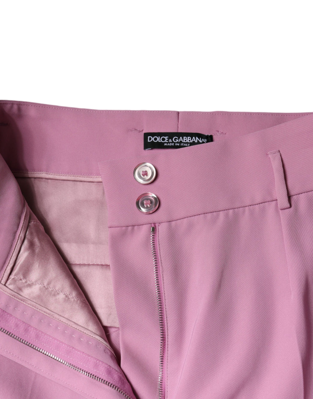Pantalons femme en polyester rose à taille haute et coupe tapered, de la marque Dolce & Gabbana, vue de face.