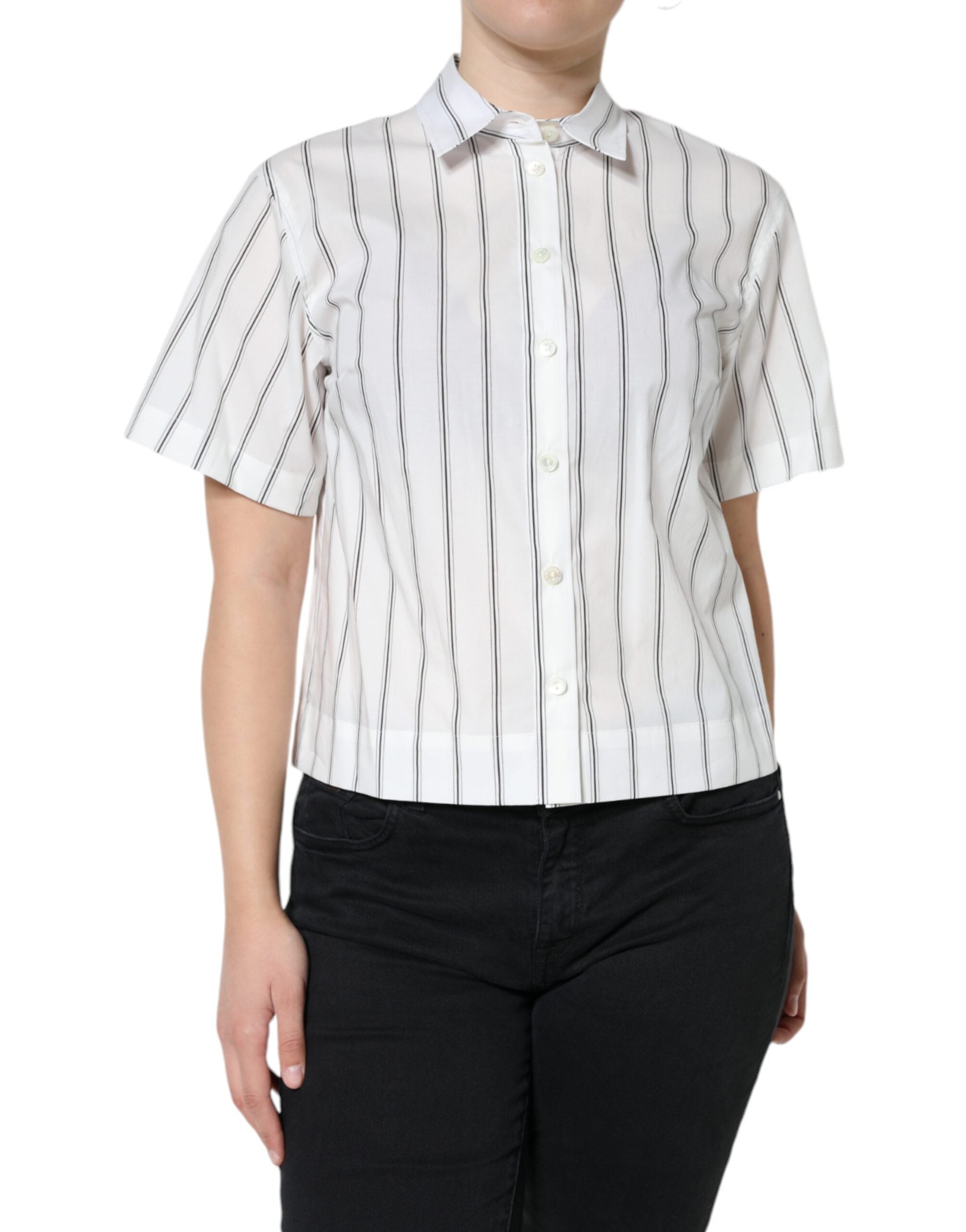 Polo Dolce & Gabbana à rayures blanches, col à revers, manches courtes, tissu léger, style élégant et décontracté.