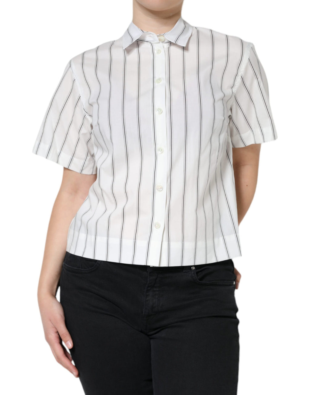 Polo blanc à rayures avec col Dolce & Gabbana, manches courtes et design élégant, parfait pour un style chic décontracté.