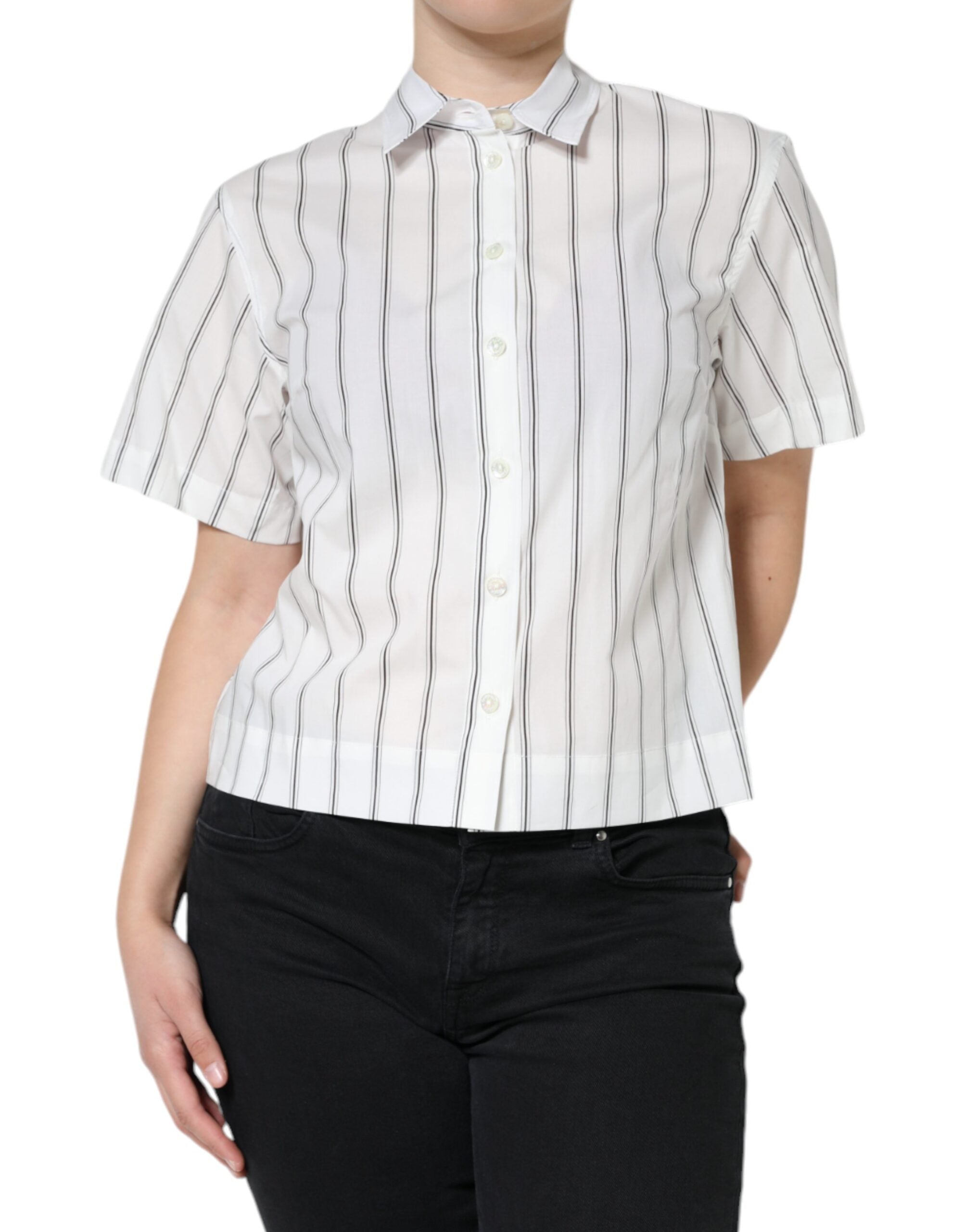 Polo blanc à rayures avec col Dolce & Gabbana, manches courtes et design élégant, parfait pour un style chic décontracté.