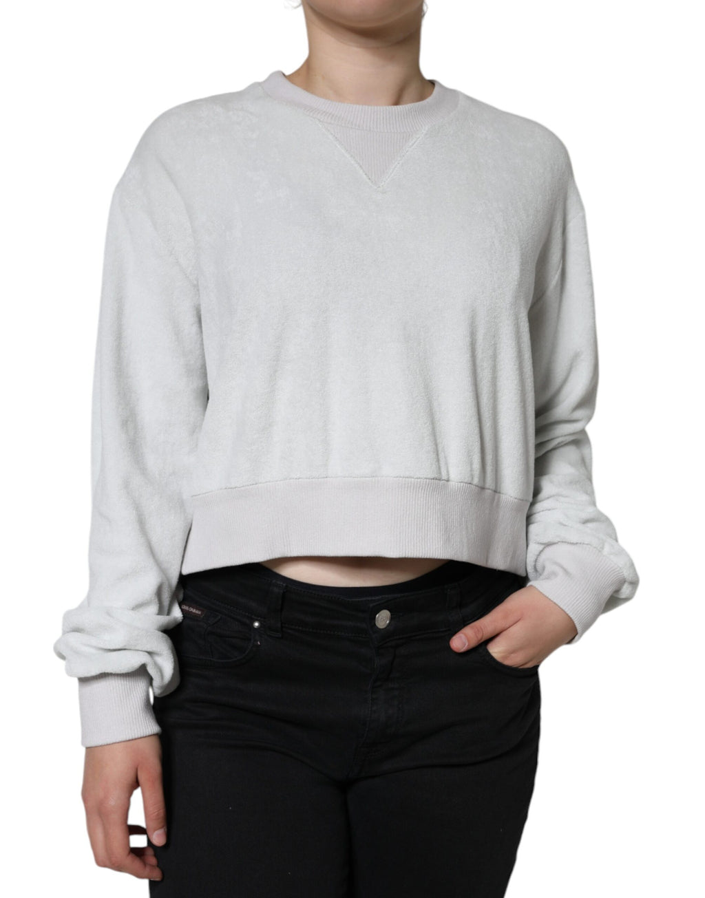 Pull à manches longues en nylon stretch blanc de Dolce & Gabbana, col ras du cou, style élégant et moderne.
