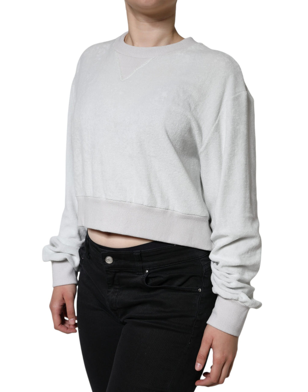 Pull-over blanc en nylon extensible Dolce & Gabbana avec col rond, vue détaillée du sweater élégant et confortable.