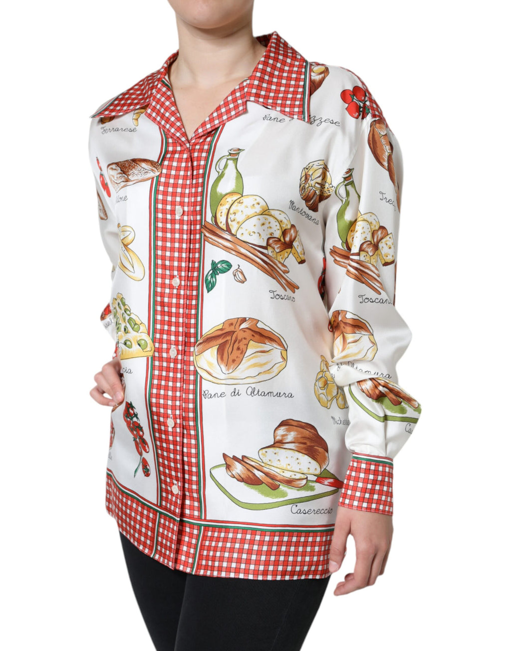 Blouse Dolce & Gabbana à col avec motif multicolore de pain, tissu léger et élégant, vue de face.