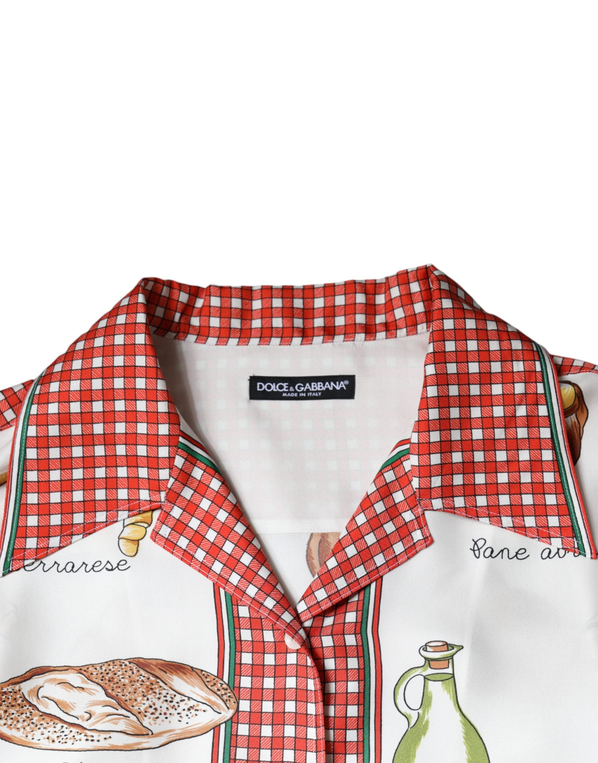 Chemisier Dolce & Gabbana à col avec motif multicolore de pain, style élégant et coloré, tissu léger et tendance.