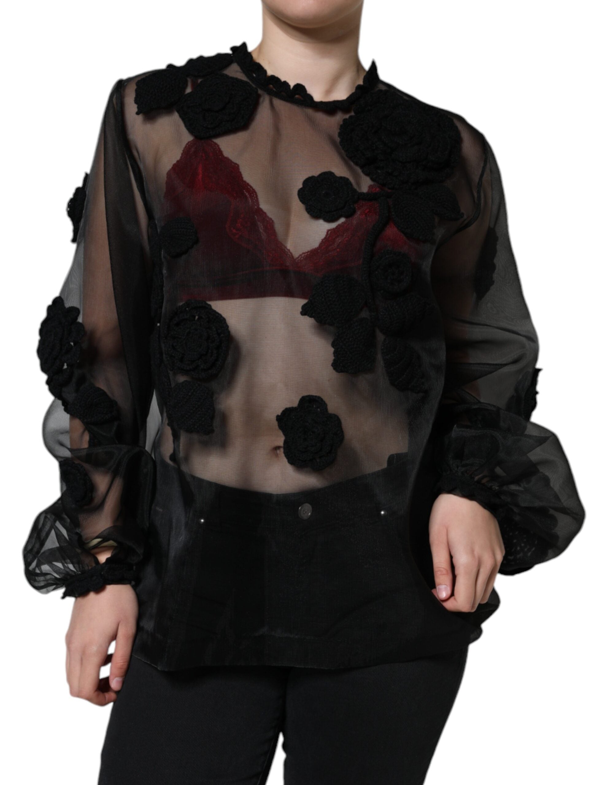 Blouse transparente en nylon à motifs floraux noirs de Dolce & Gabbana, détails en mesh et design élégant.