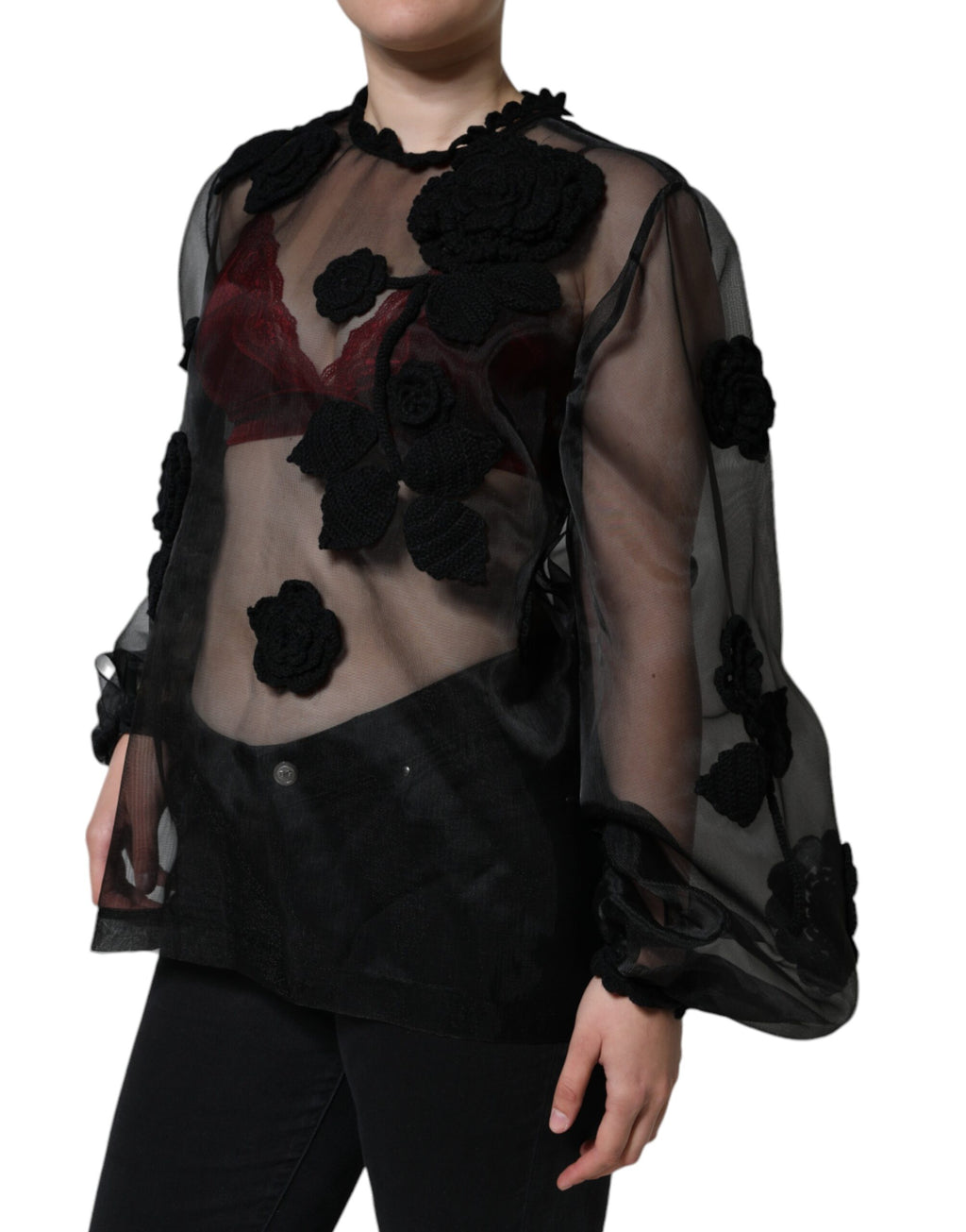 Blouse transparente en mesh noir Dolce & Gabbana avec motifs floraux en nylon.