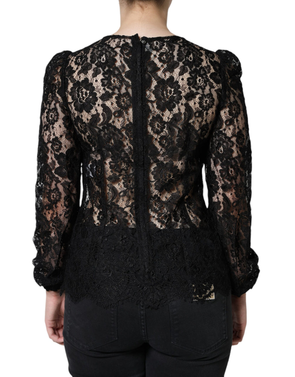 Top en dentelle florale noire Dolce & Gabbana à manches longues transparentes, élégance sophistiquée.