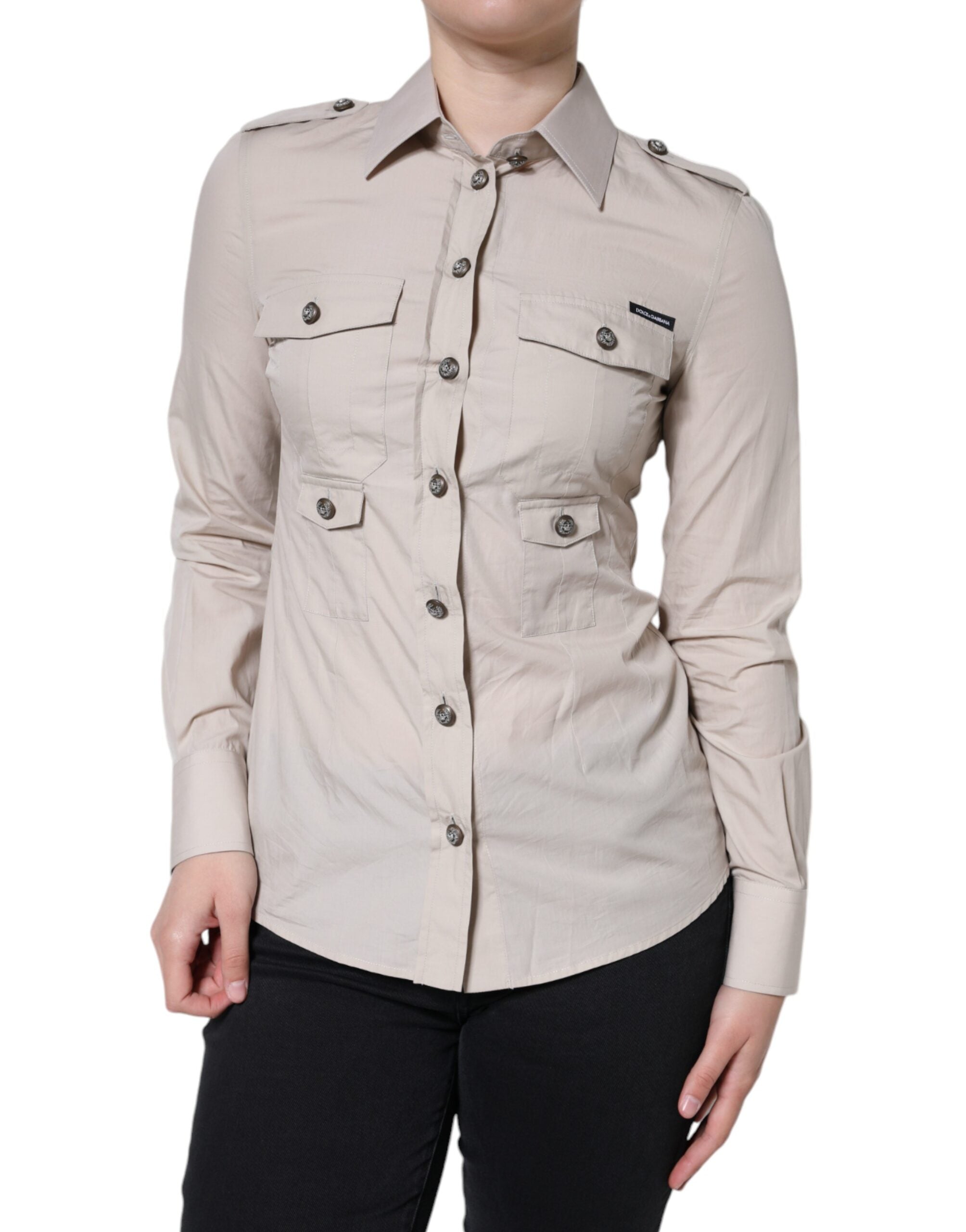 Chemise beige en coton Dolce & Gabbana avec col et boutons, vue de face, élégante et classique.