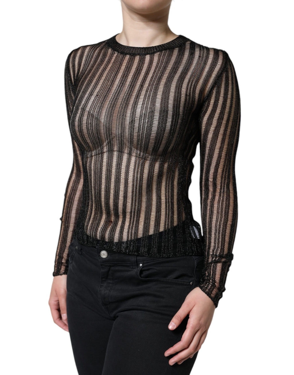 Top en dentelle noir à rayures transparentes de Dolce & Gabbana à manches longues et style élégant.