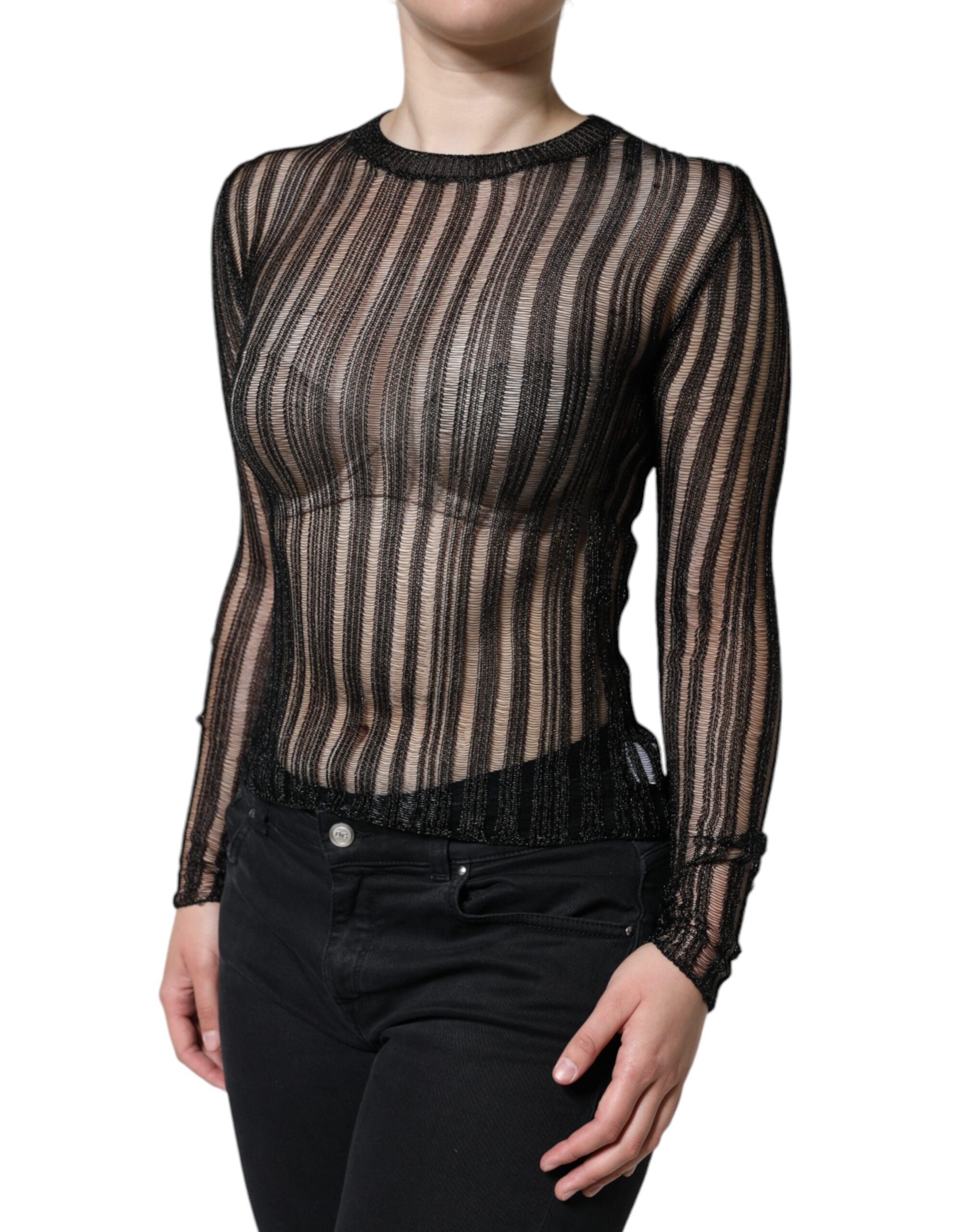 Top en dentelle noir à rayures transparentes de Dolce & Gabbana à manches longues et style élégant.