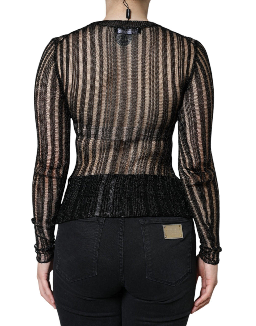 Top transparent à manches longues Dolce & Gabbana à rayures noires, style élégant et sophistiqué.