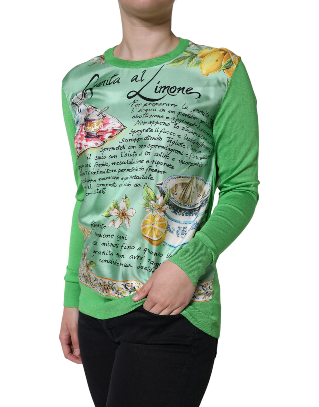 Pull en soie vert Dolce & Gabbana Granita Al Limone à manches longues, élégant et confortable pour un style sophistiqué.