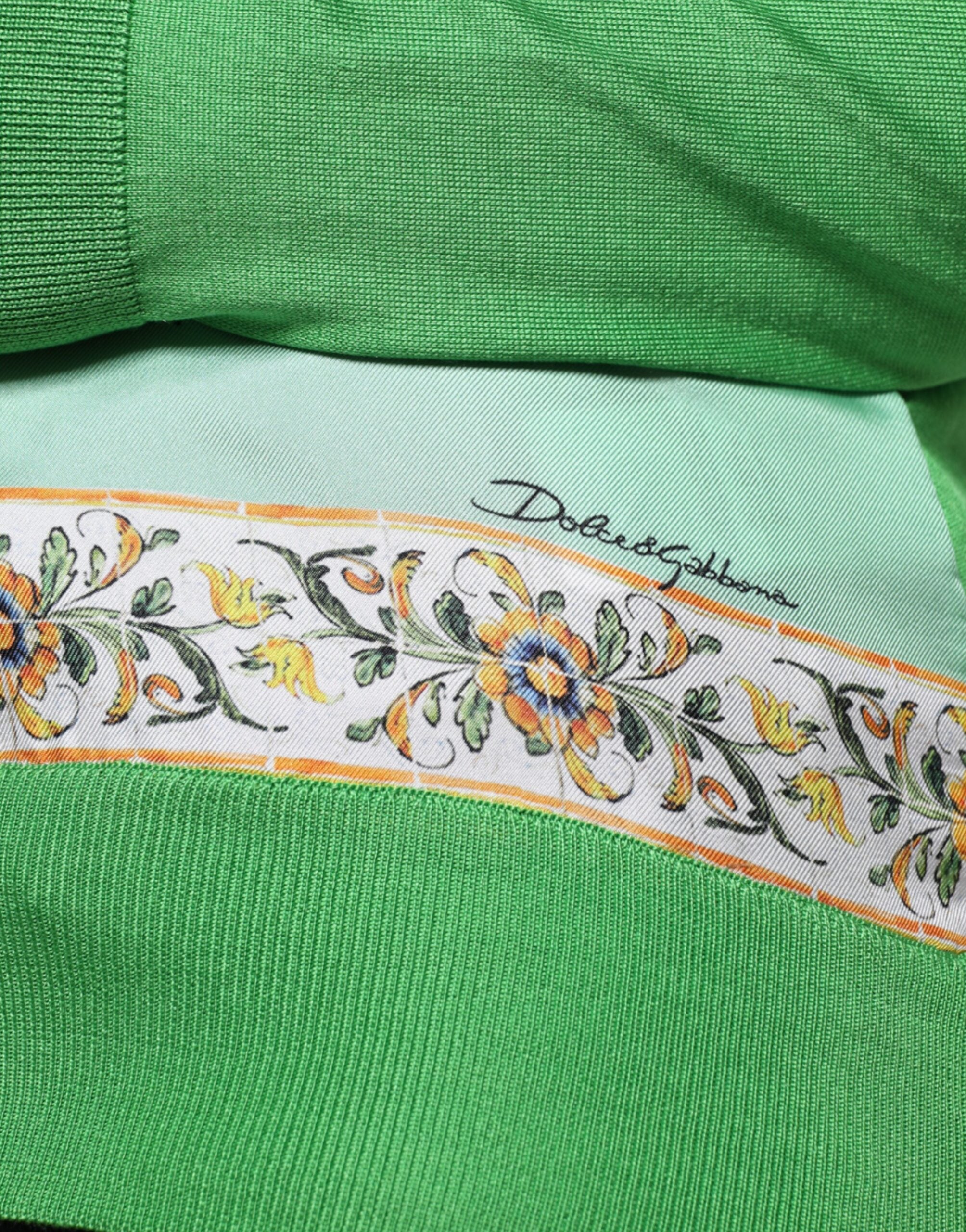 Pull en soie verte Dolce & Gabbana Granita Al Limone à manches longues, élégant et doux, avec un design sophistiqué.