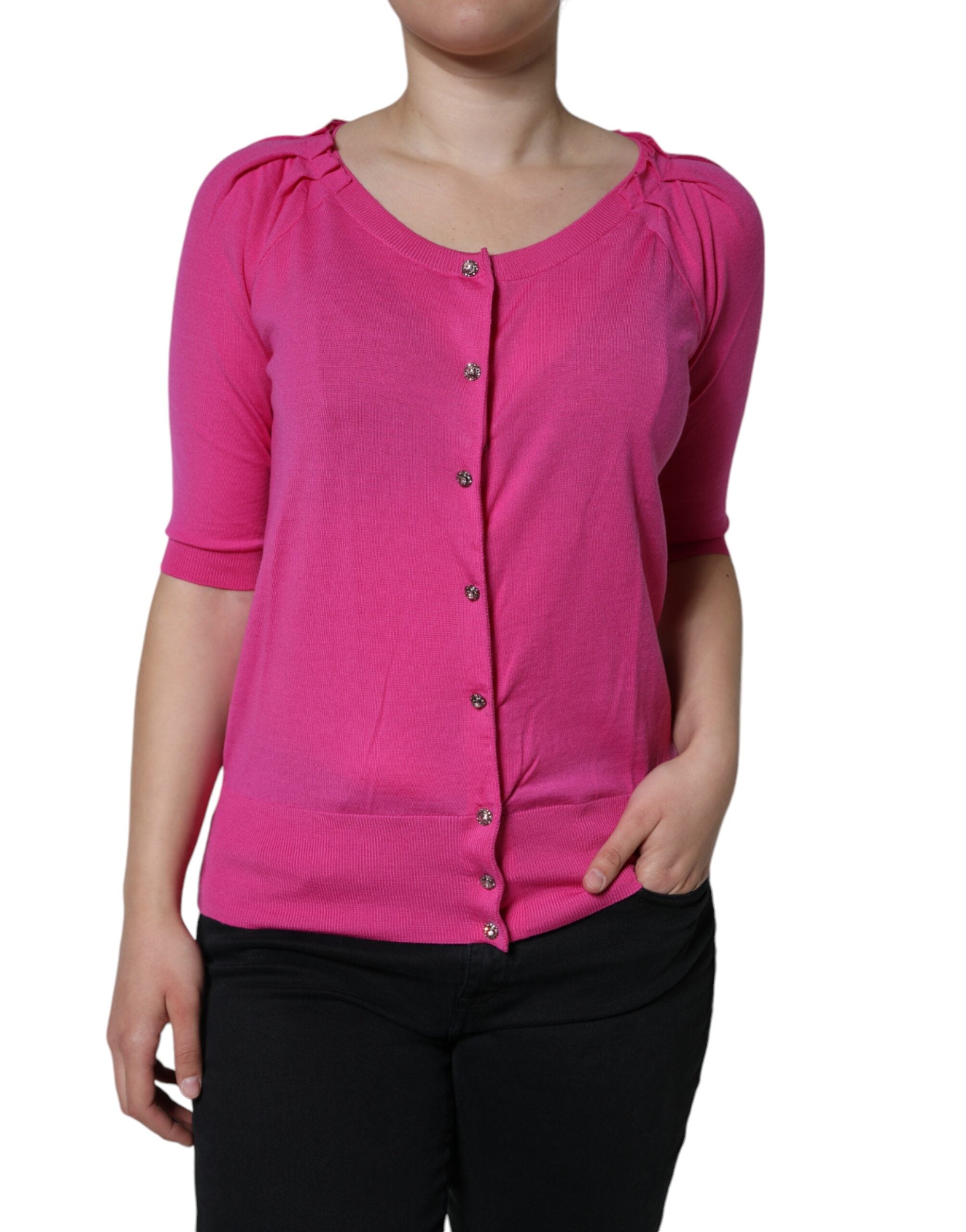 Chemise Dolce & Gabbana en laine rose à manches courtes avec boutons, vue de face.