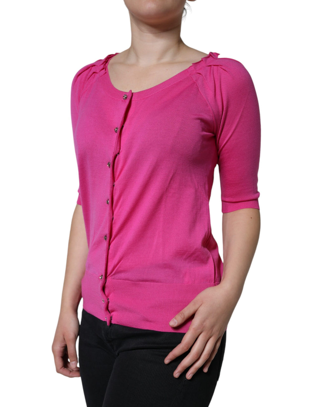 Chemise Dolce & Gabbana en laine rose à boutons, manches courtes, style élégant pour femme.